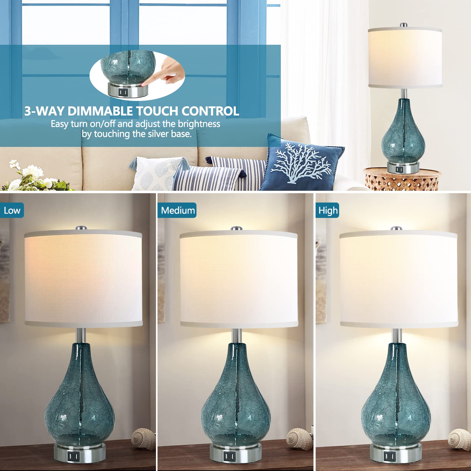 QiMH Glass Table Lamp Set of 2, 22.5" LED Touch Control, Blue 3-Way Dimmable Modern Bedside Lamps with White Fabric Shade