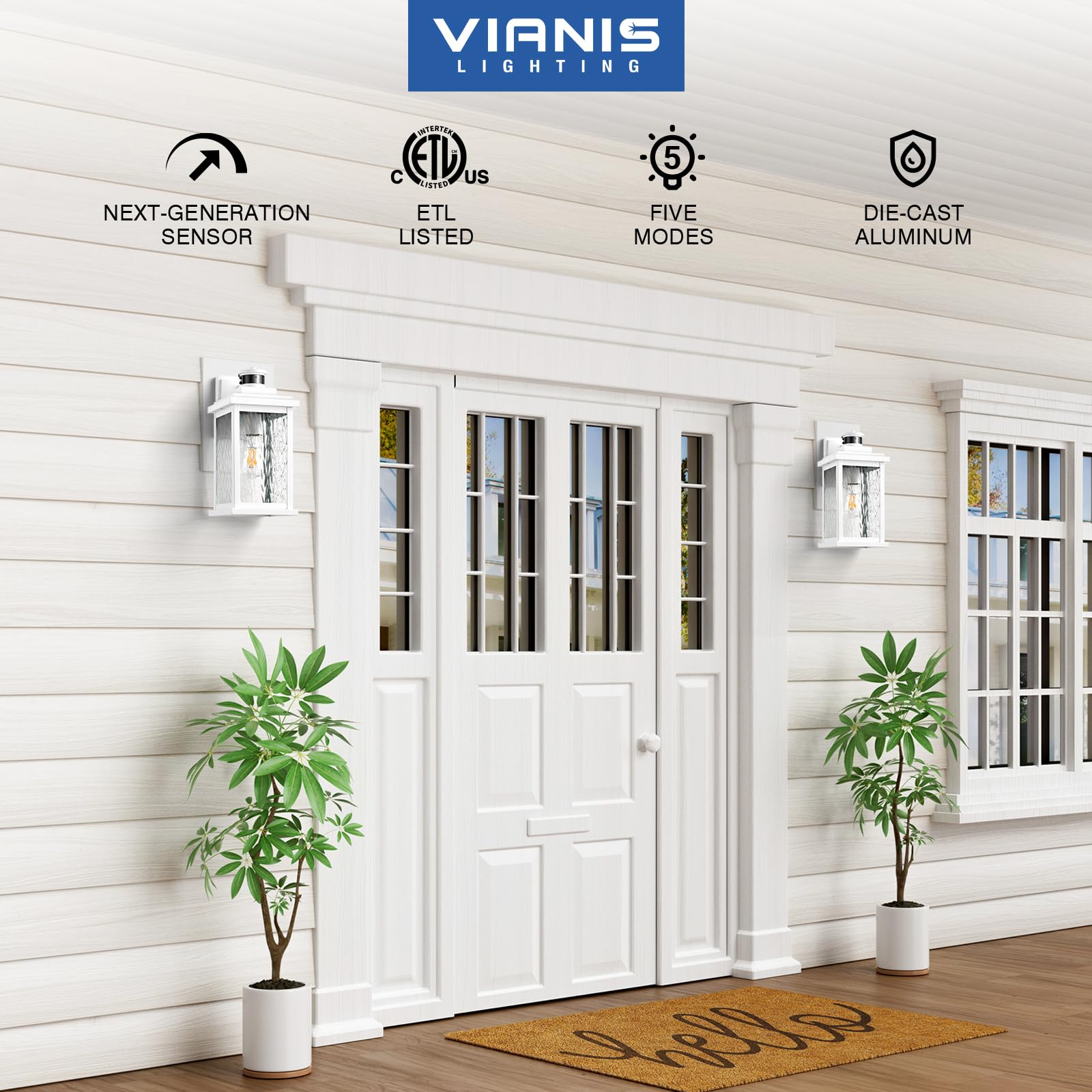 VIANIS Motion Sensor Porch Light, Adjustable Sensitivity, Waterproof, Large Size, White, Model V8101M1.WH
