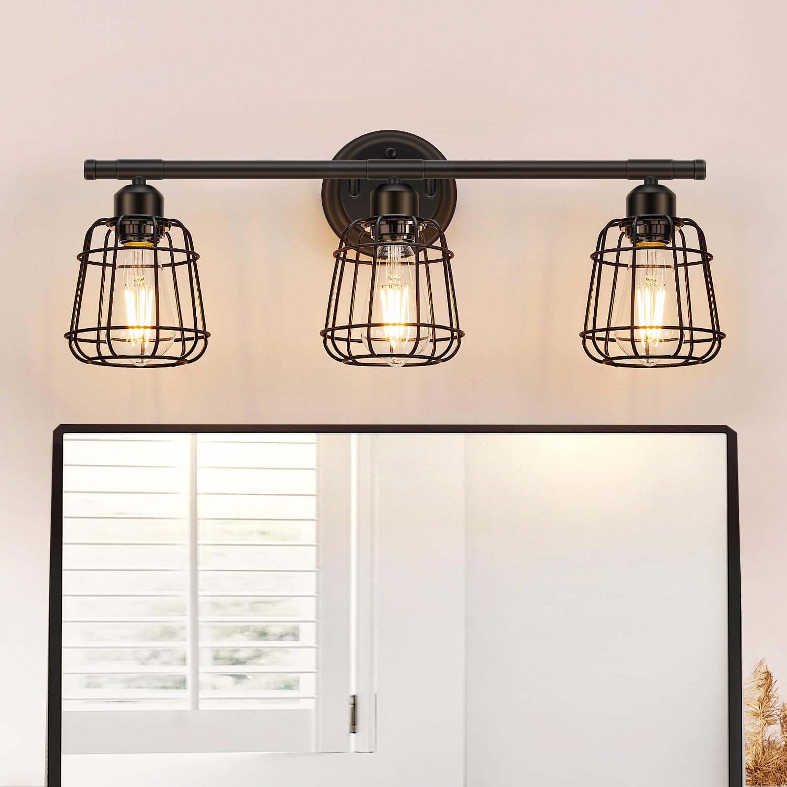 Elibbren 3-Light Bathroom Vanity Light, Matte Black Metal Cage, E26 Base, Model xinlongzi_cggz, Ideal for Bathroom and Living Room