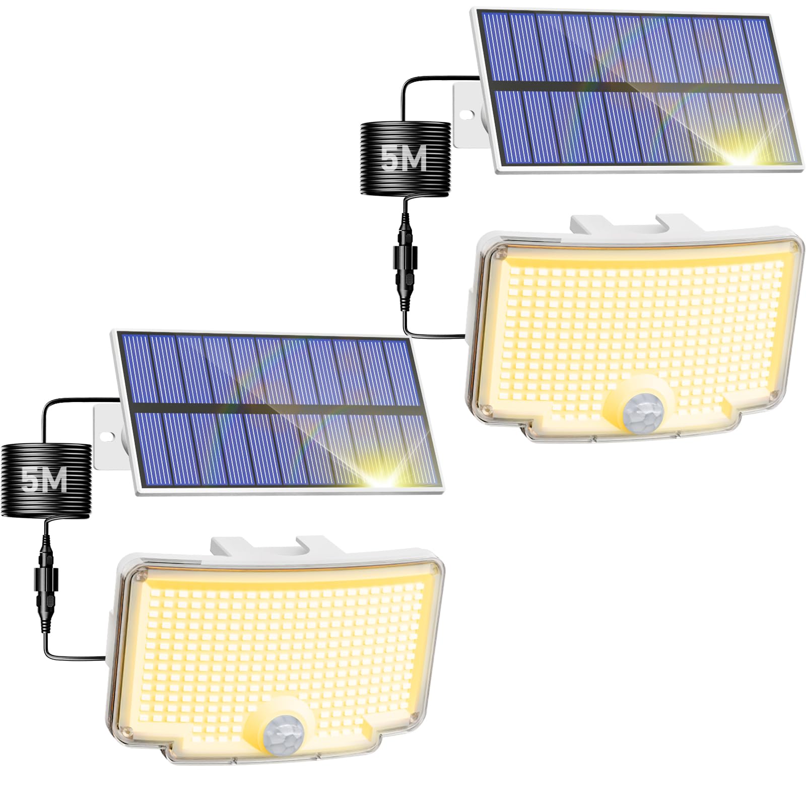 Peasur 2 Pack Solar Motion Lights Outdoor  318 LED Solar Security Light with 3 Modes  IP65 Waterproof Powered Flood Lights for Outside Garden Backyard Warm (White Frame)