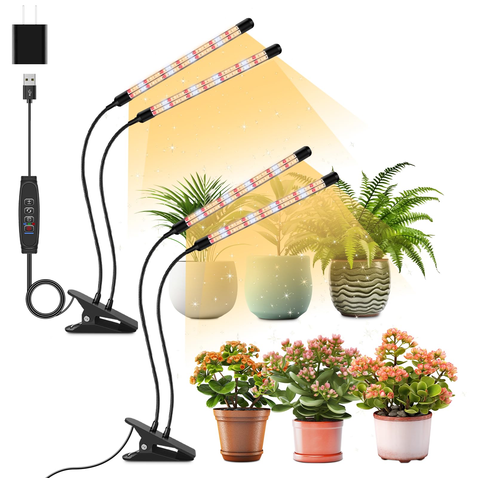 Lpmzmbl 4 Heads Clip Grow Light With V-Shaped Design, Full Spectrum Grow Lights For Indoor Plants, Adjustable 360° Gooseneck Grow Lamp, 3/9/12H Timer & 10 Dimming Levels For Plants Growing(2 Pack)