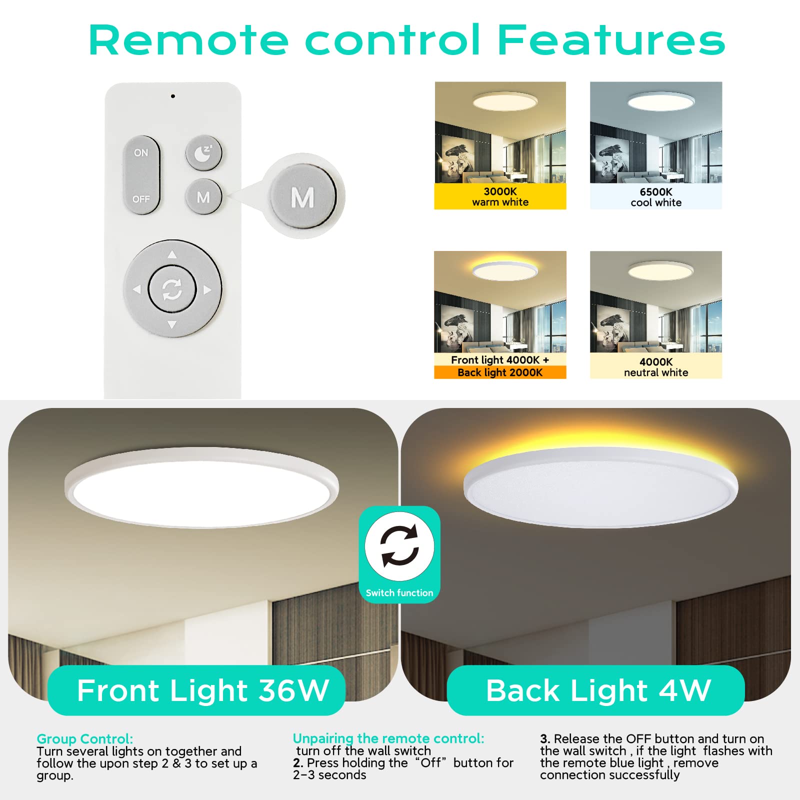 Roomratv Ceiling Light Flush Mount With Night Light, 36W Light Fixture With Remote Control, Full Cct And Brightness Adjustable,