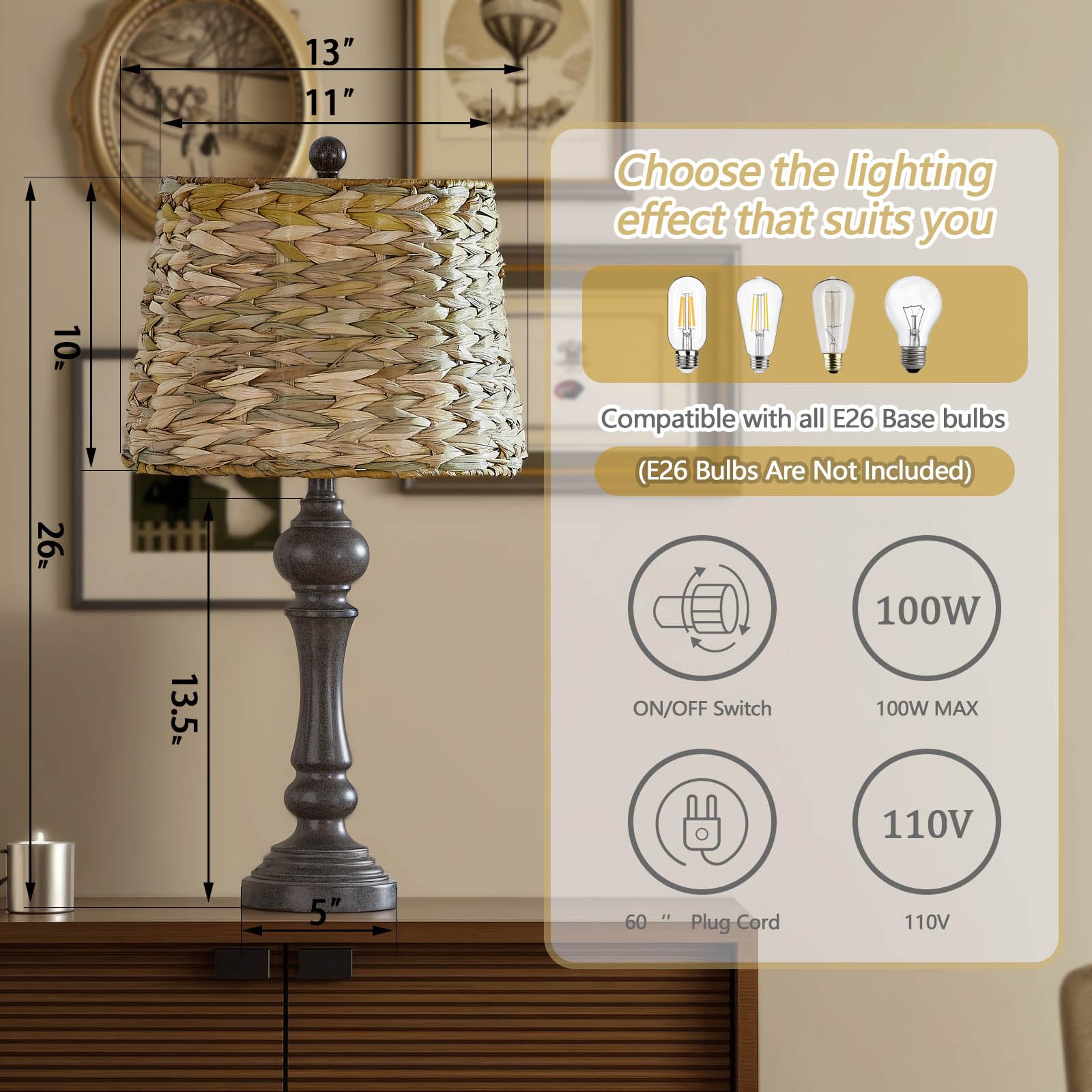 Maxax 26'' Farmhouse Table Lamps Set Of 2 For Living Room, Rustic Resin Bedside Lamp With Woven Rattan Shade, Boho Rattan Bedroo