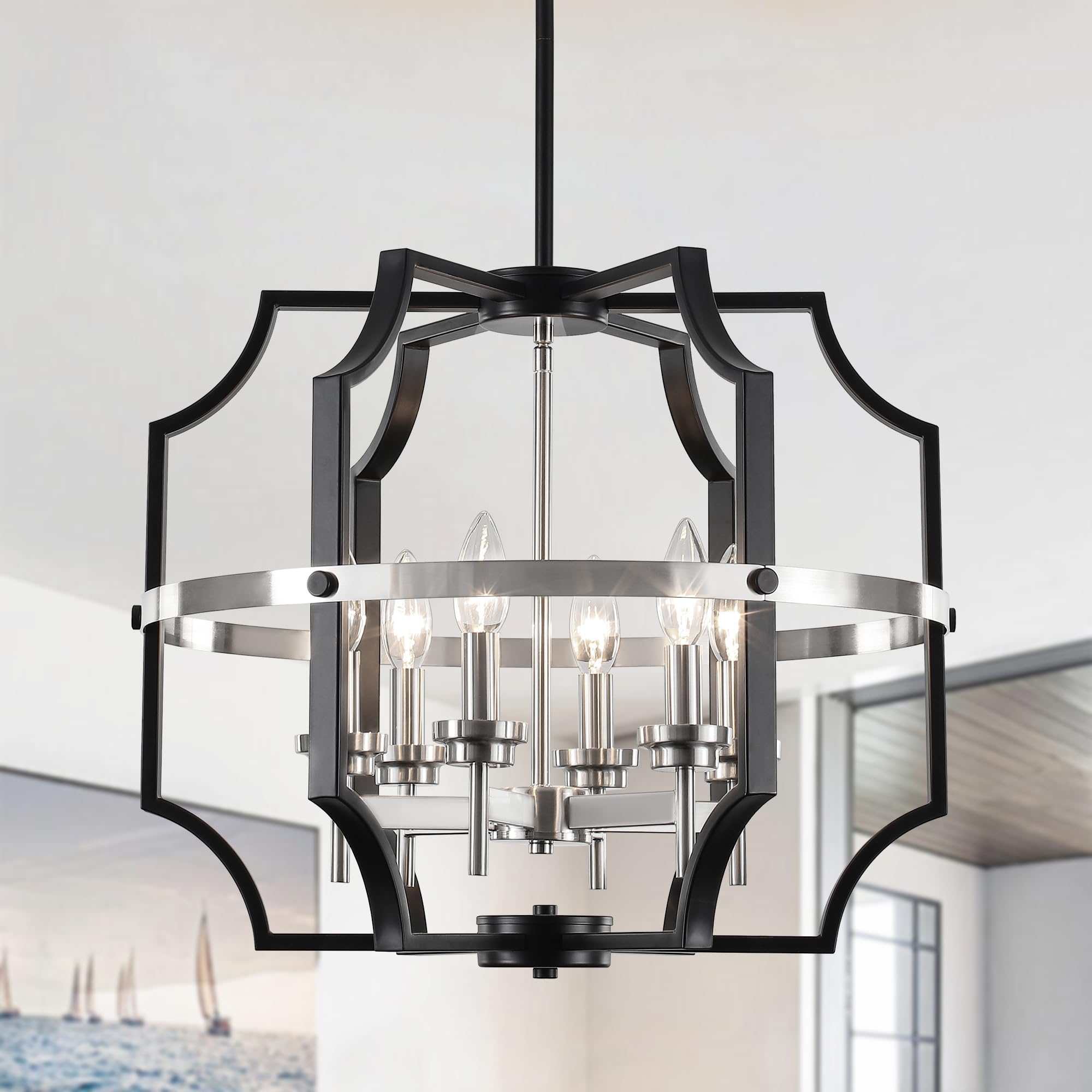 QMNHAU 19.7 Modern Chandelier 6-Light Black and Brushed Nickel Dining Room Light Fixture  Adjustable Industrial Drum Hanging Pendant Lights for Kitchen Island Hallway Entryway Foyer