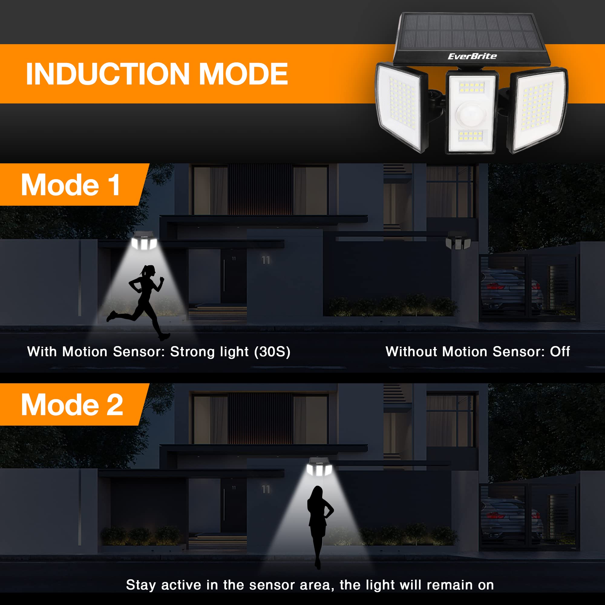 EverBrite Solar Outdoor Lights - 128 LED Motion Sensor Flood Light, 3 Heads, IP65 Waterproof, White, Model E021039