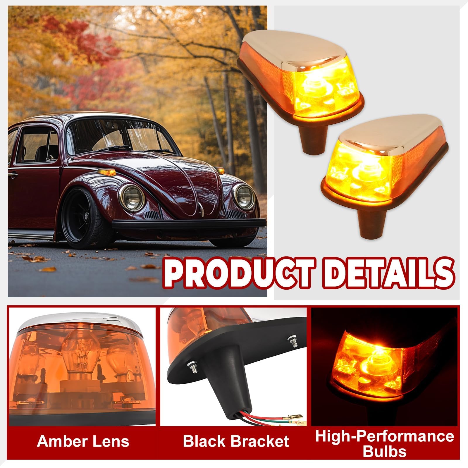 HECASA Turn Signal Light Assembly for 1970-1979 VW Bug, Amber Lens, Pair, Plastic, Model MO-4974, Right & Left Side