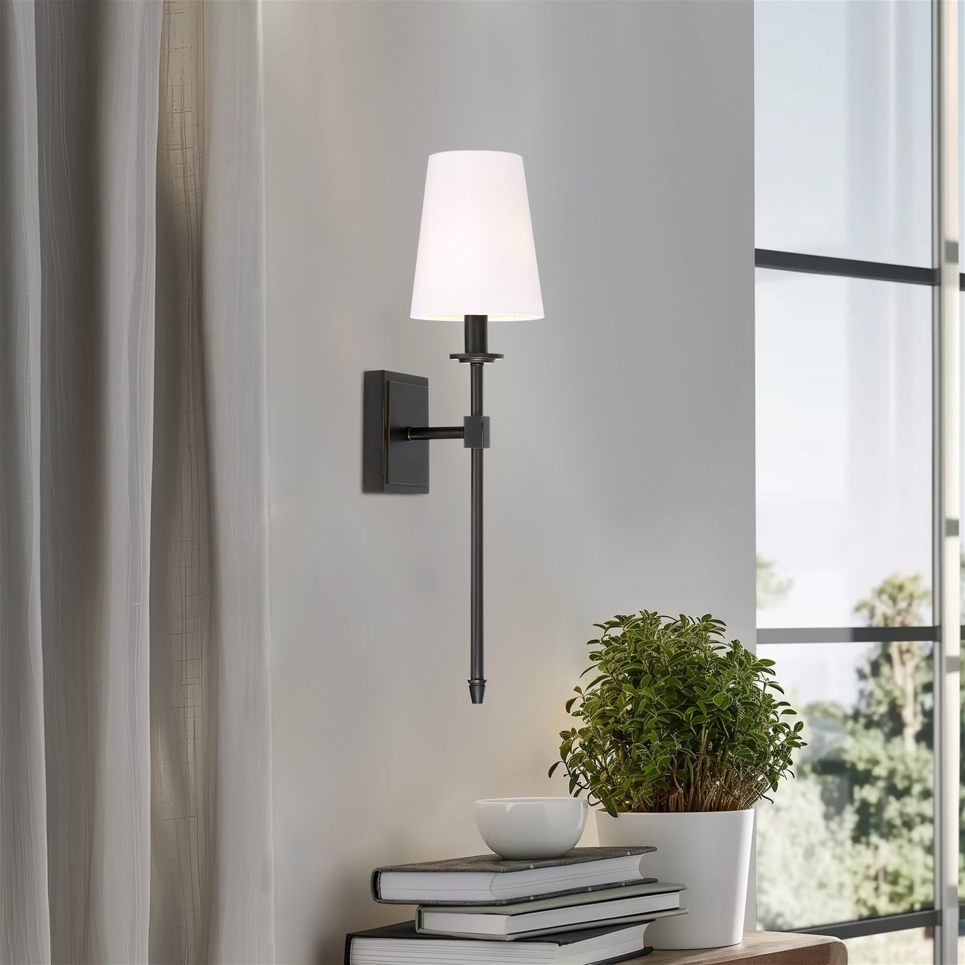 Kira Home Wall Sconce 20in Oil-Rubbed Bronze Metal Light with Linen Shade, Model RV-W5825-OB
