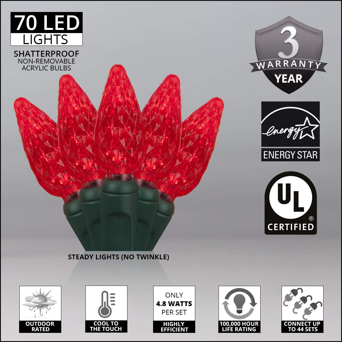 Wintergreen Lighting C6 Red LED String Lights, 24 Ft, Indoor-Outdoor, Acrylic, Model IOS-1-35-2