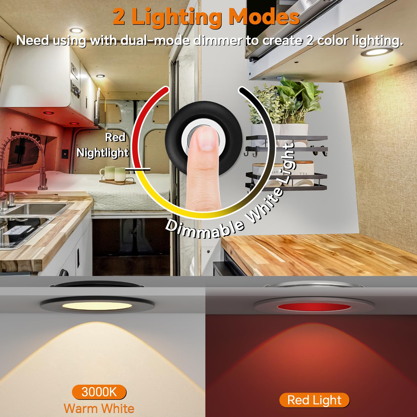 camperxlite 3" Recessed Puck Light Set, 12V Red LED, Aluminum, 4Pcs Black, Warm White, Model CXL-RMPL-3DR