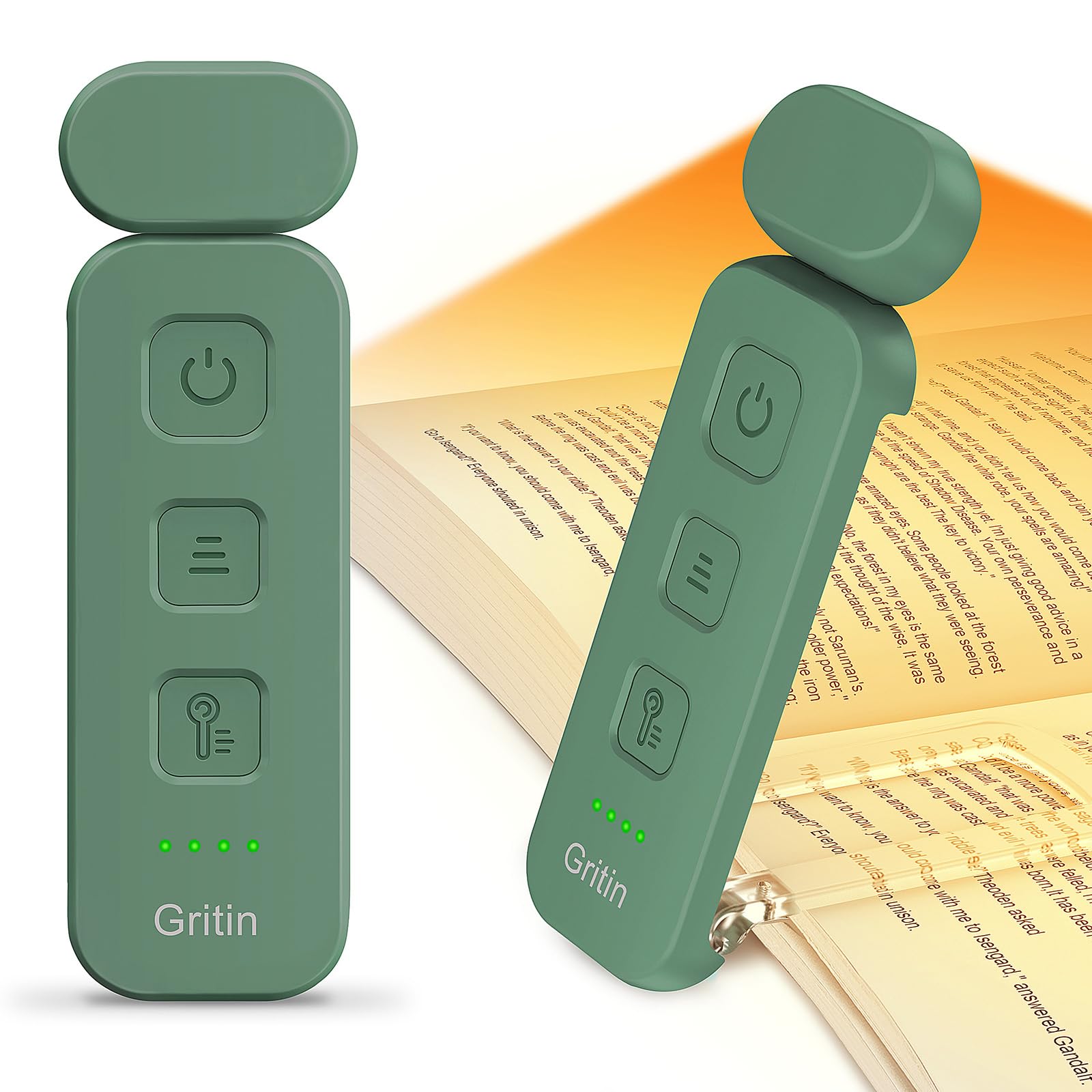 Gritin Rechargeable Book Light - Eye Caring 3 Color Temperatures, 5-Level Dimmable, Small Size, Dark Green, Model G1313