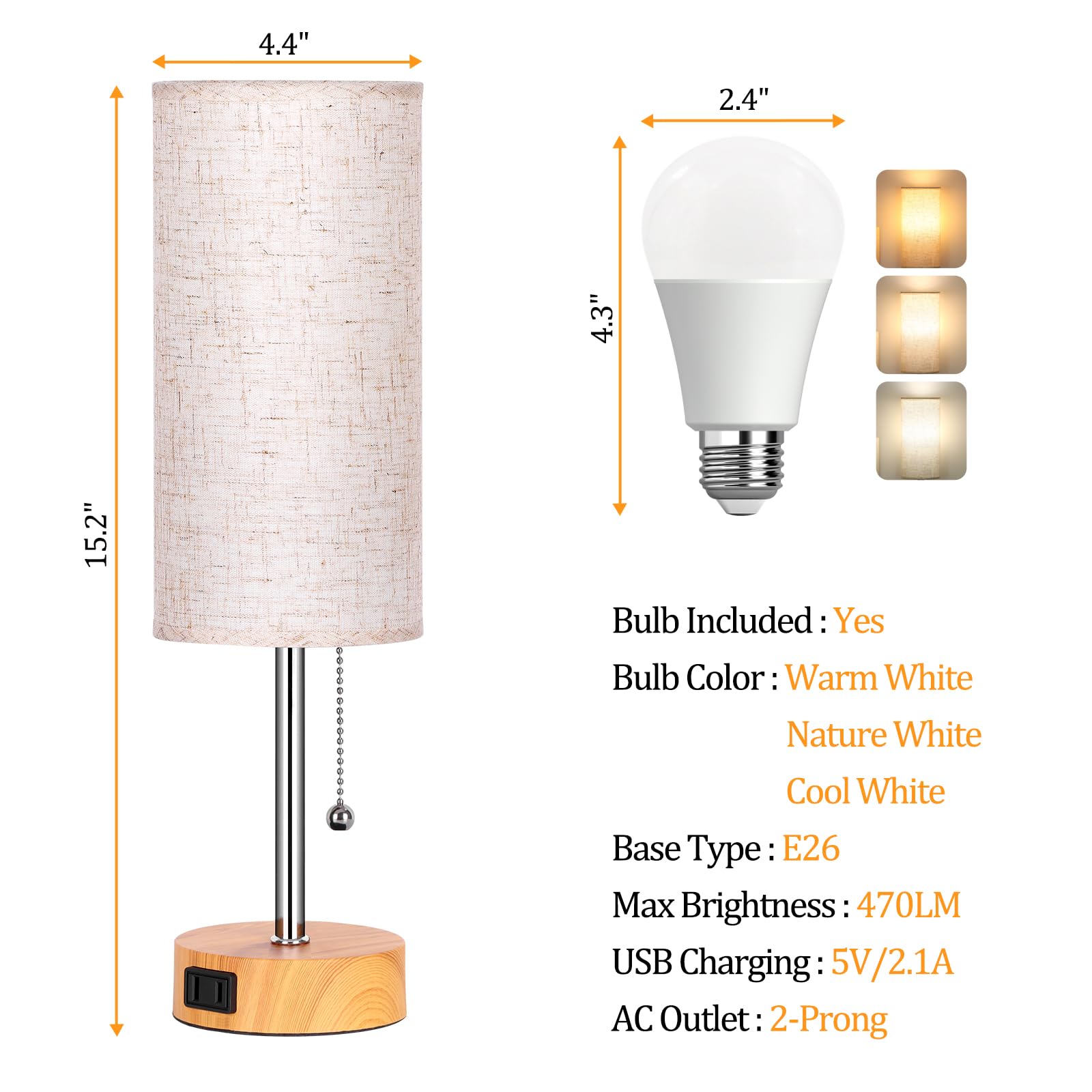 Dott Arts Table Lamp For Bedroom  3-Color Bedside Lamps With Pull Chain  Bedroom Table Lamps For Nightstand Ac Outlet Small Lamp For Living Room  Bulb Included Oatmeal