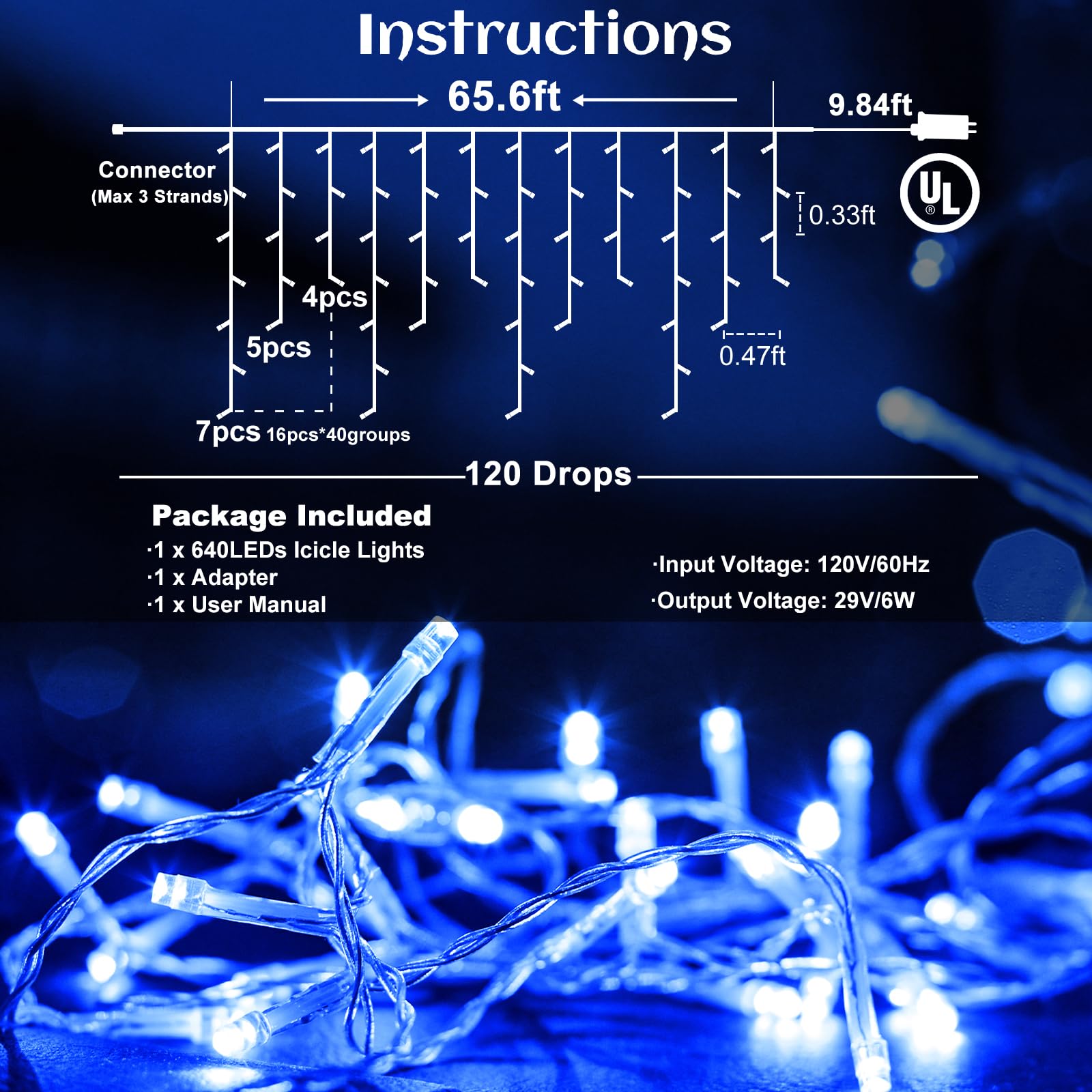 Nielfoi Icicle Lights Outdoor - 66ft 640LED Waterproof String Lights, 120 Drops, 8 Modes, Blue