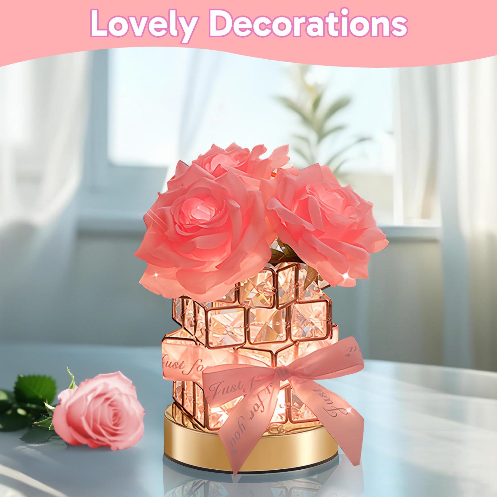 Onxe Birthday Christmas Gifts For Women Girlfriend Wife Mom  Rechargeable Cordless Touch Crystal Rose Table Lamp 3 Color Dimming Forever Flowers Night Light  Anniversary Valentines Rose Gift For Her
