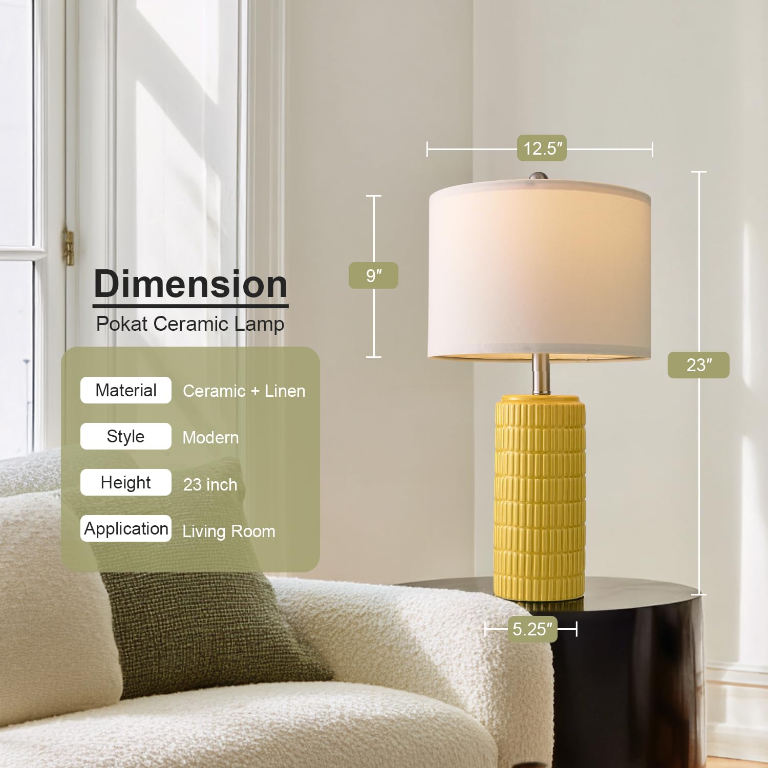 PoKat Set of 2 Modern 23" Yellow Ceramic Table Lamps for Living Room, Medium Nightstand Lamps, Model AMZ-T1102YW