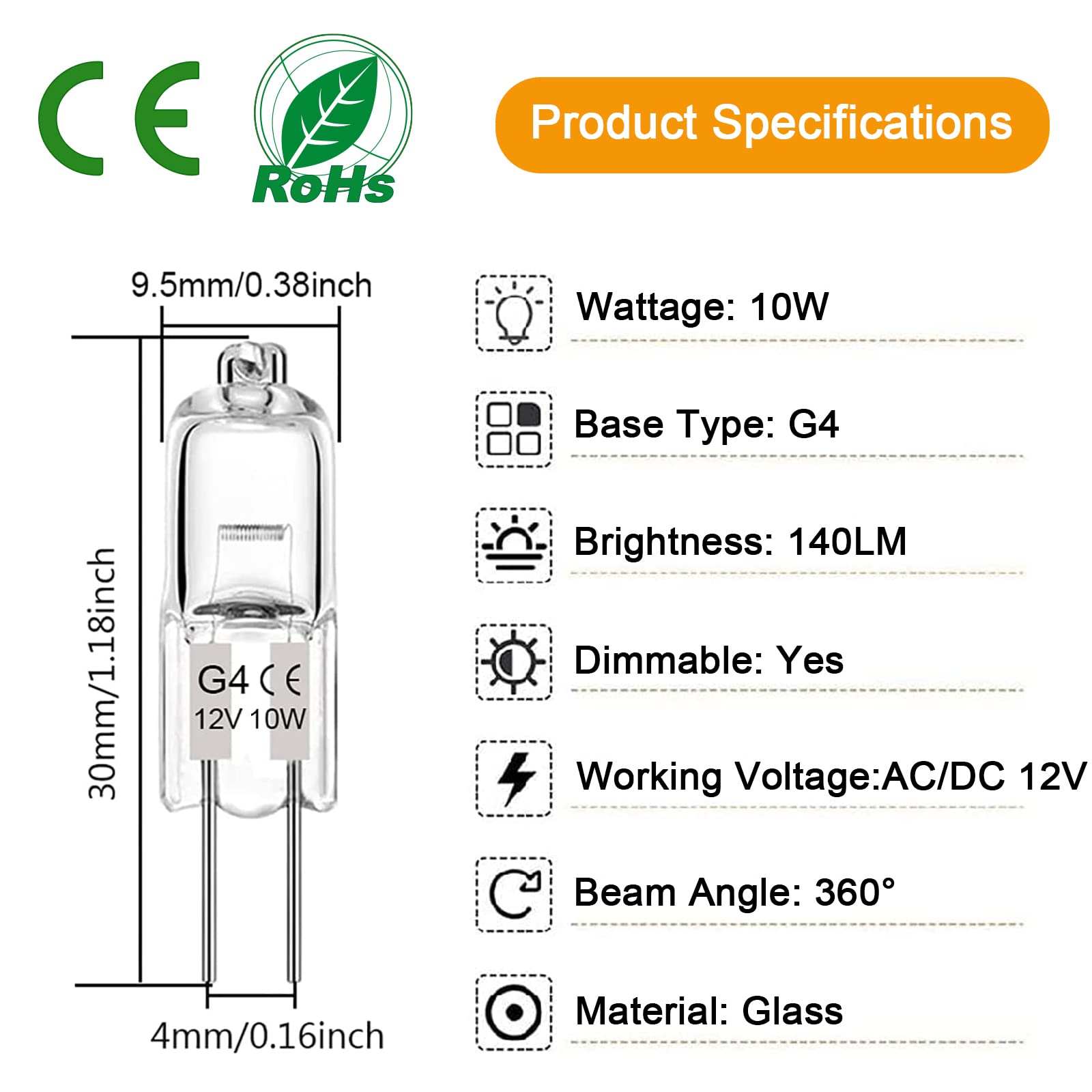 Lacnooe G4 Halogen Light Bulbs, 12 Pack, Dimmable 10W JC T3, Warm White, Glass