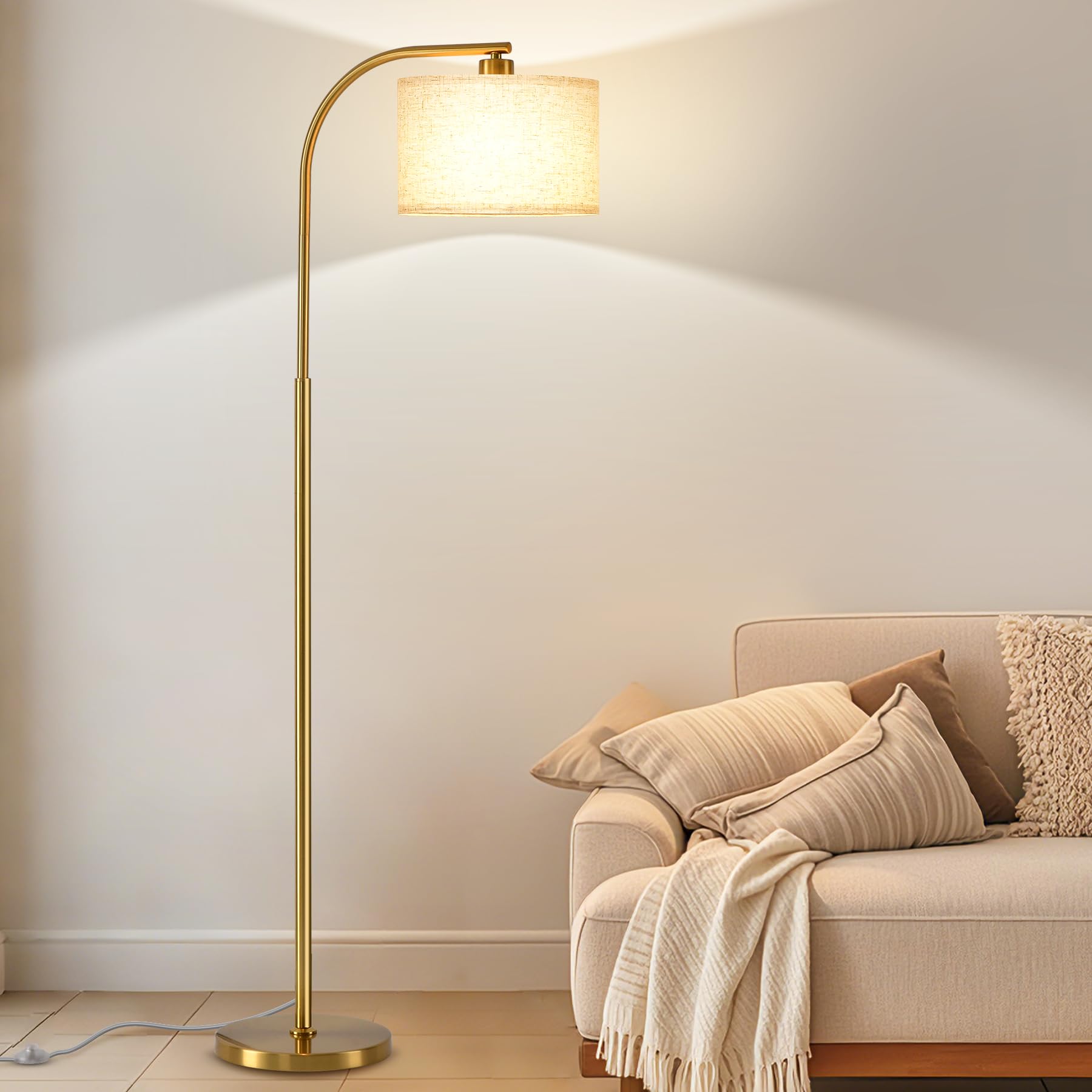 KQW Gold Floor Lamp for Living Room,65 Modern Standing Lamps with LED Bulb,Elegant Floor Light with Fabric Shade,Tall Lamp for