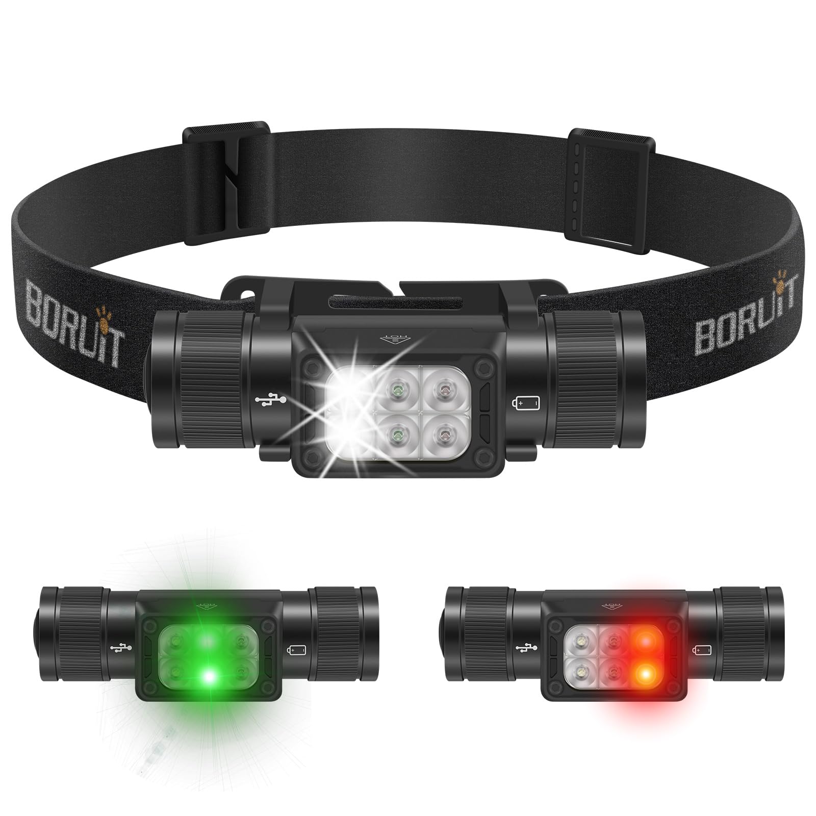 Boruit Hp360 Led Rechargeable Headlamp With White Green Red Light,Super Bright Head Lamp Flashlight,Ip67 Waterproof,7 Working Mo
