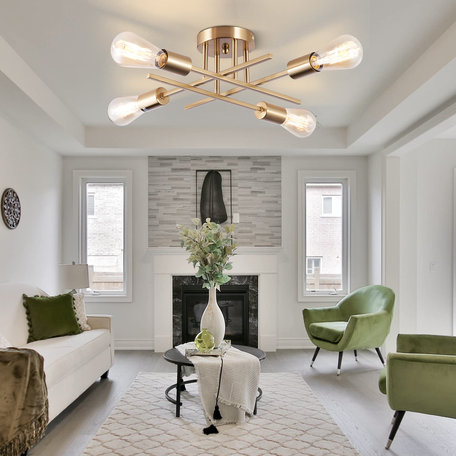 Brknit Sputnik Chandeliers, 4-Light Brass Semi Flush Mount Ceiling Light, Mid Century Industrial