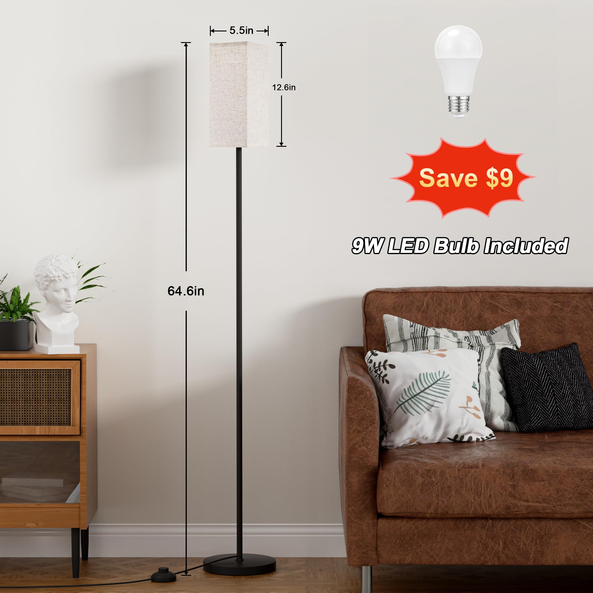 Ambimall 64'' Tall Floor Lamp with Remote Control, Stepless Dimmable Bulb, Beige Lampshade & Metal Base, Perfect for Living Room