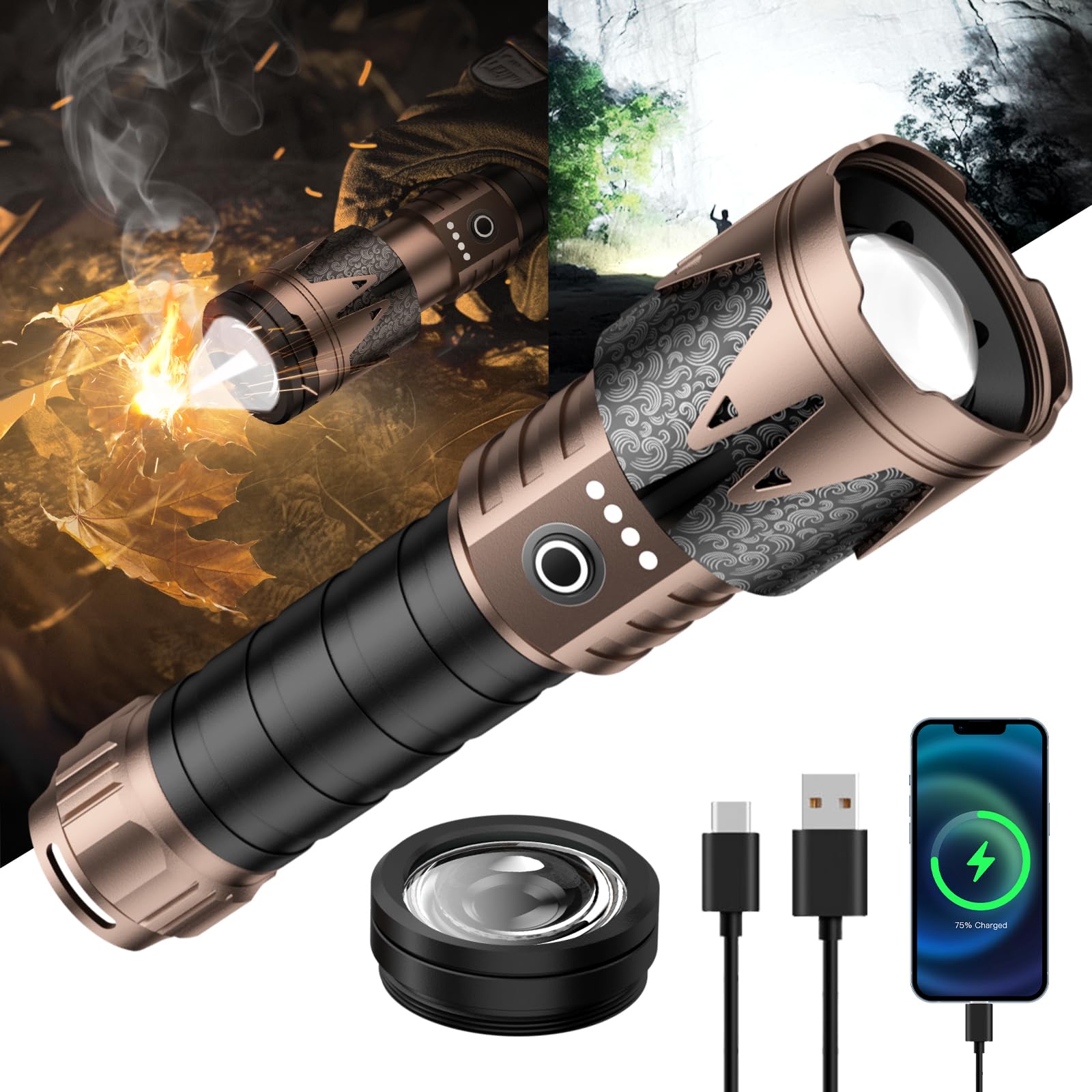 SKYFIRE Rechargeable Flashlights High Lumens with Ignition Lens,5000 Super Bright Tactical Flashlight,Zoomable,6Modes,Waterproof