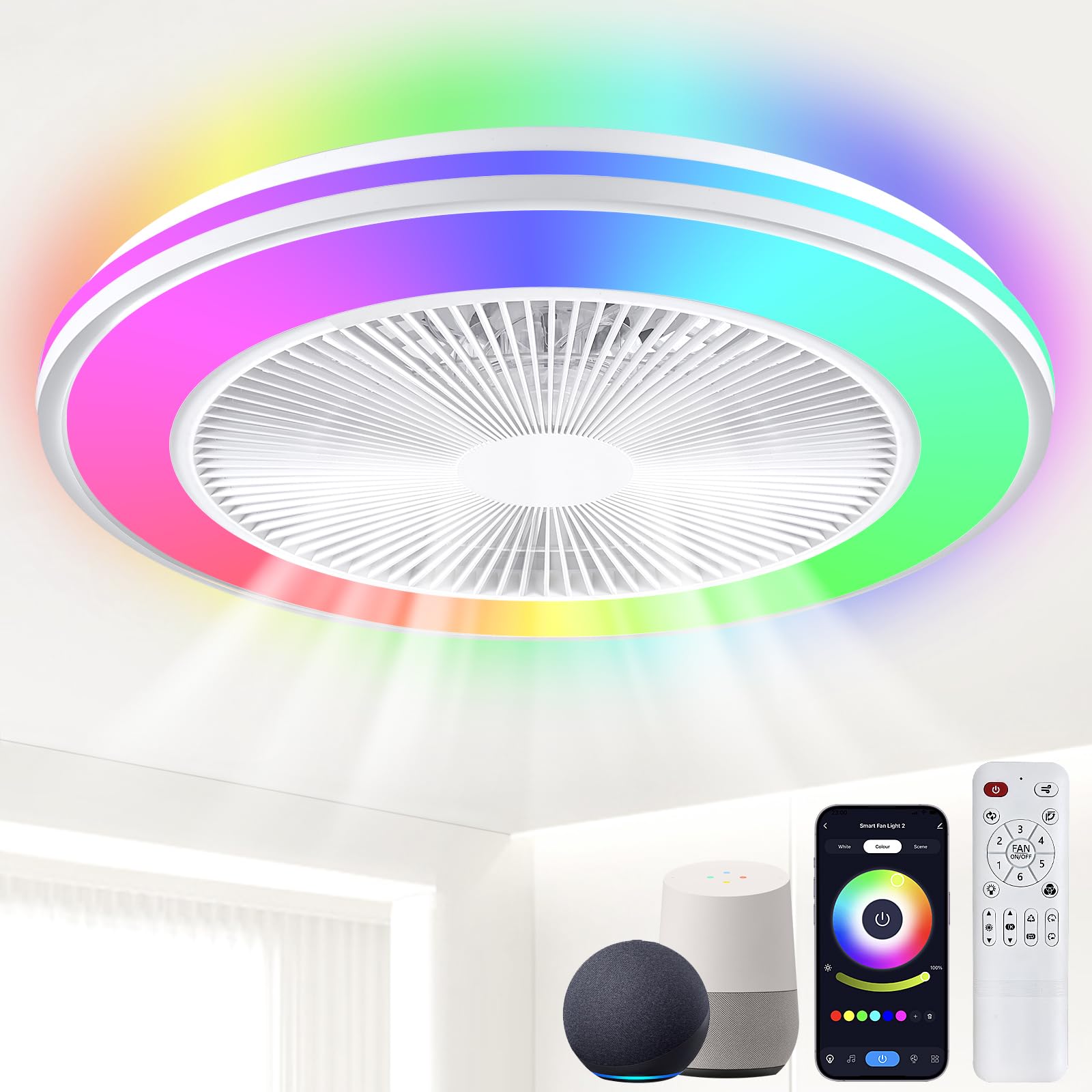 Smart Wifi&Bluetooth Rgb Ceiling Fans With Lights And Remote,20''Low Profile Ceiling Fan With Light,Compatible With Alexa,Google