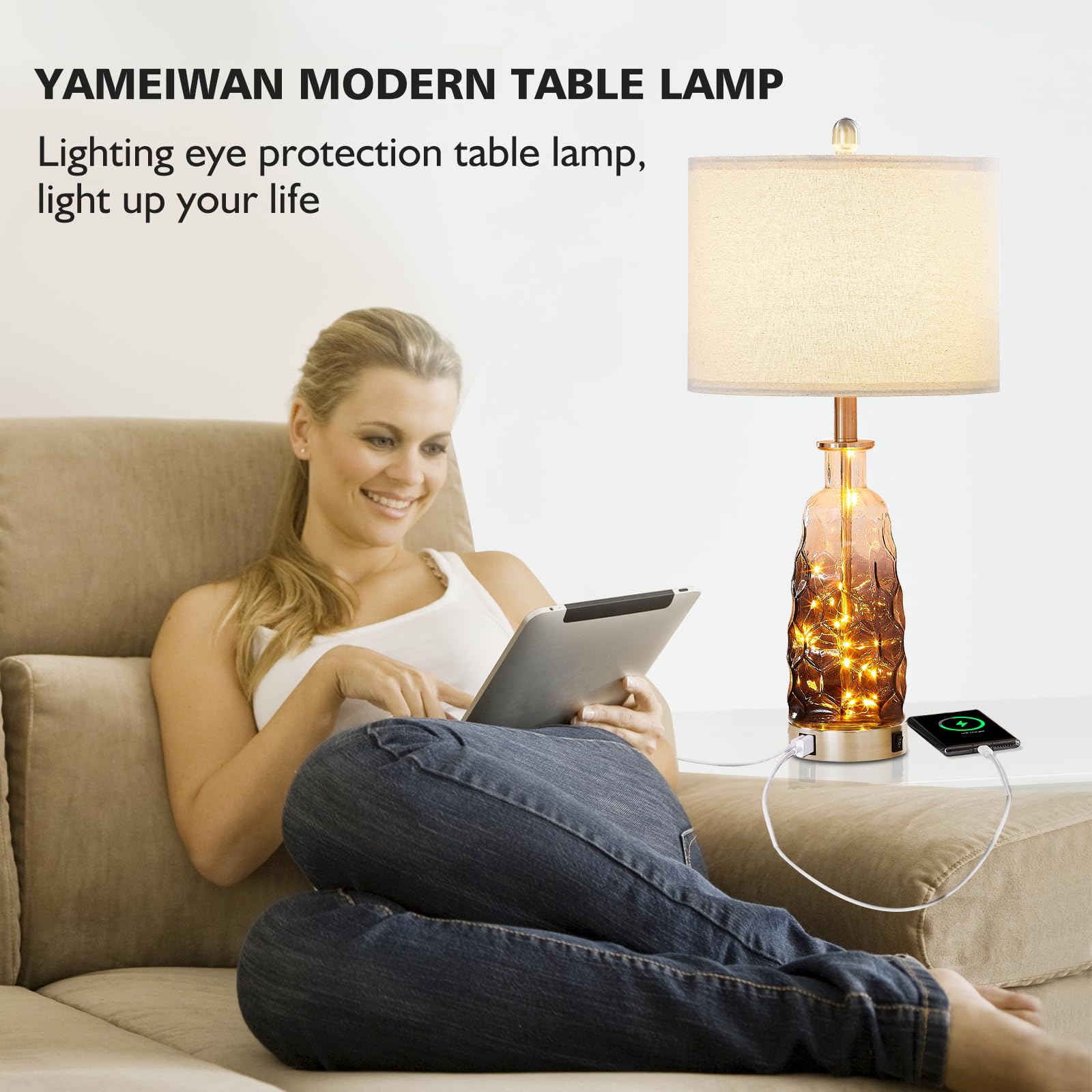 YAMEIWAN 28.7 Farmhouse Vintage Table Lamp Set of 2 with Daul USB Charging Ports QC3.0, 3-Way Dimmable Touch Lamp for Living Roo