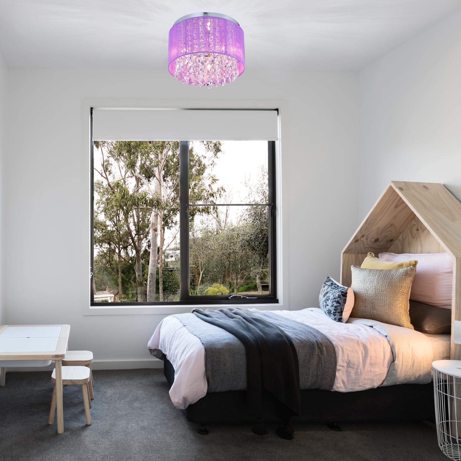 LaLuLa Purple Chandelier Drum Flush Mount Light Fixture, 3 Light, 11" Round for Bedroom, Girl’s Room, Model 17169PU