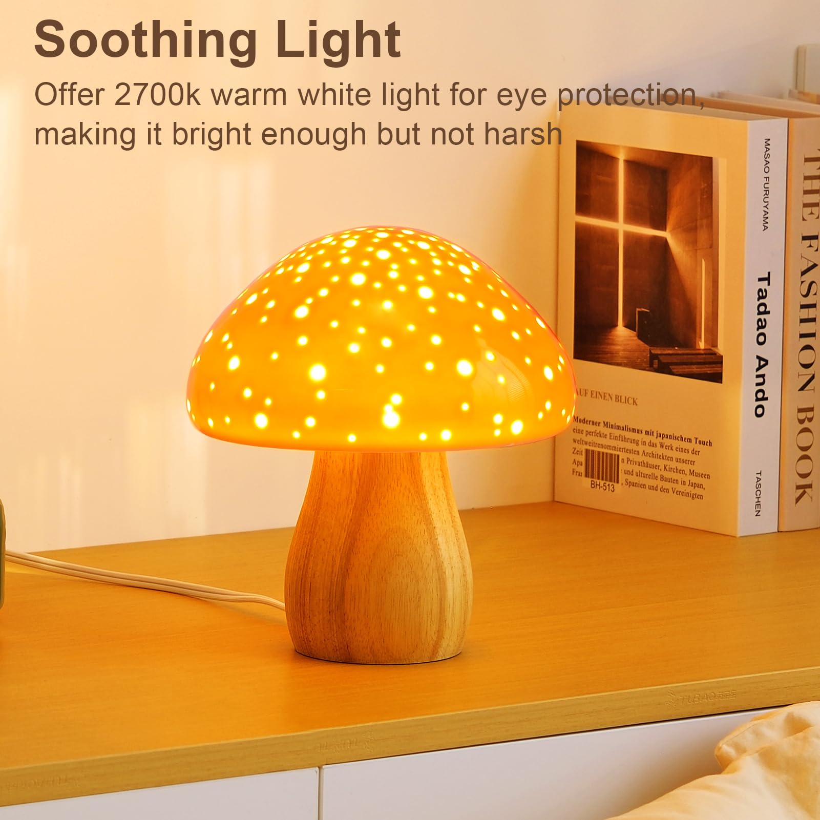 BOHON Ceramic Mushroom Lamp - Retro Vintage Orange Night Light for Bedroom & Living Room, LED Bulb Included, Model C-Mushroom-O
