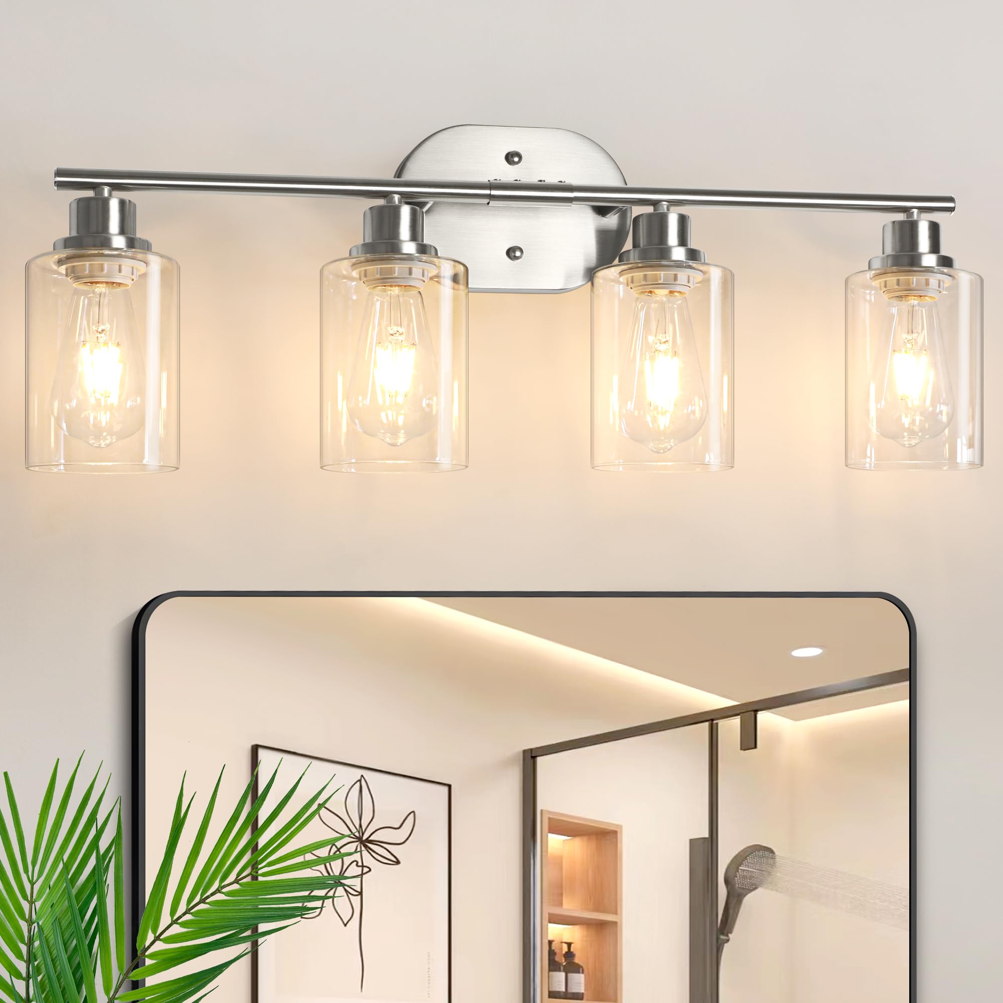 Unicozin Bathroom Light Fixtures  4 Light Vanity Lights for Bathroom  Brushed Nickel Wall Lamp with Clear Glass for Mirror  Living Room  Hallway  Cabinet  E26 Base