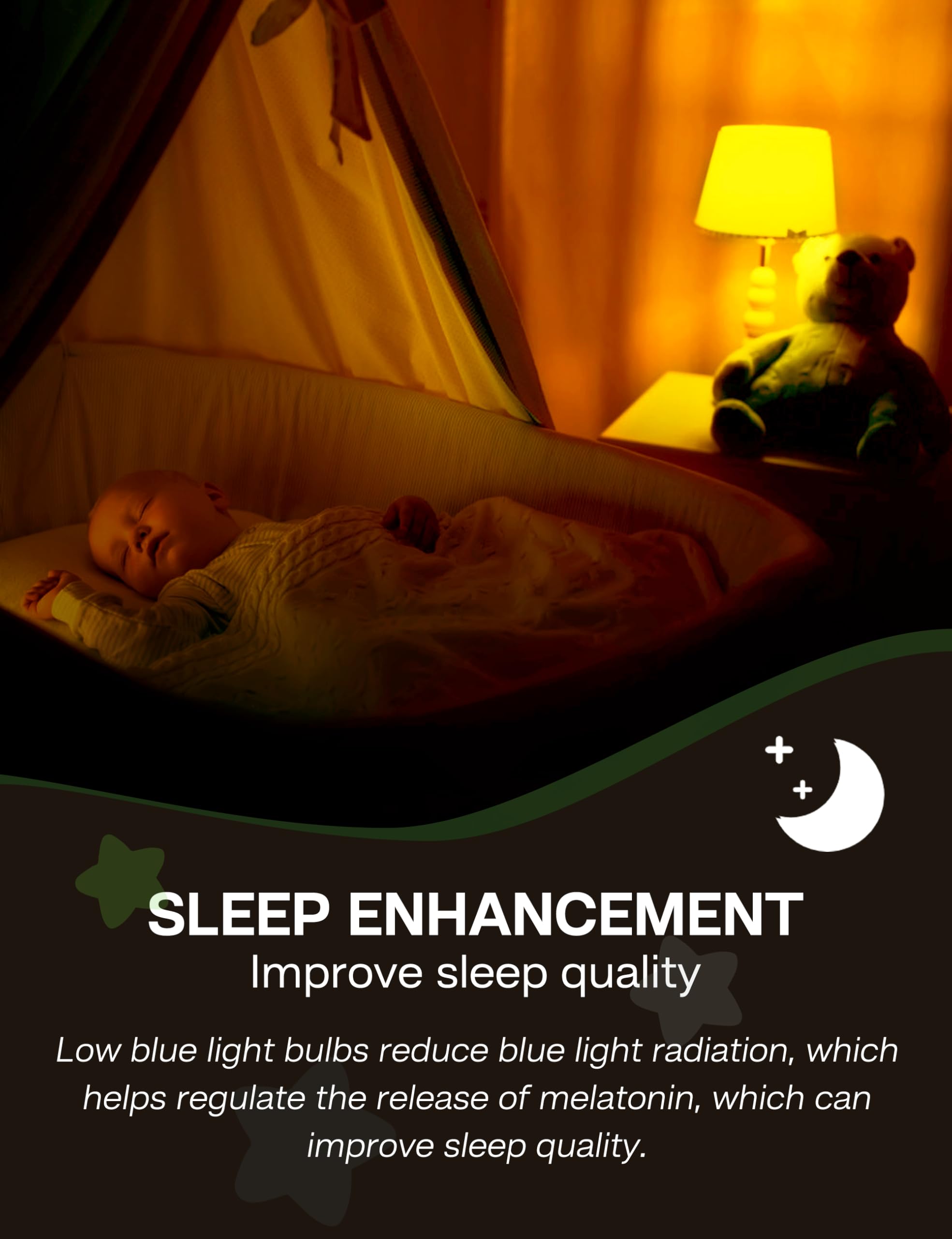 Eastiya Amber Sleep Light Bulbs, 3W Warm Light, E26, 2 Pack, Blue Light Blocking, Mood Soothing for Bedroom and Nursery, Model SME26-10