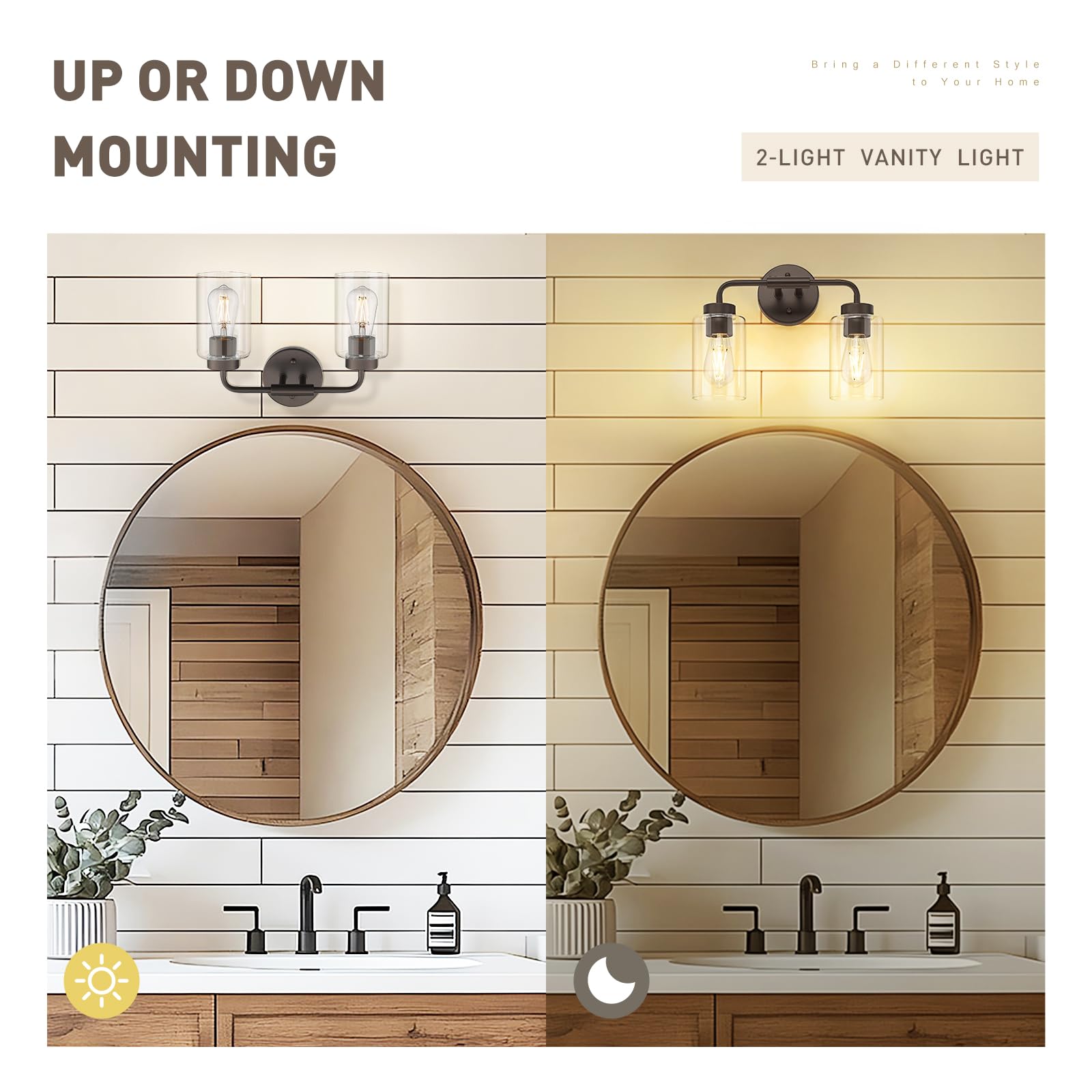 Zeyu 2 Light Bathroom Vanity Light  Farmhouse Wall Sconce Lighting For Bathroom  Clear Glass Shade  Oil Rubbed Bronze Finish  Zs62B-2W Orb