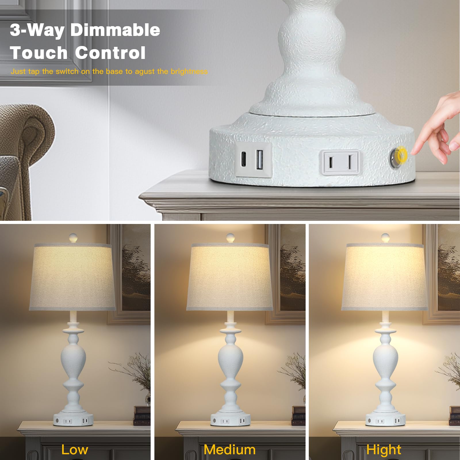 Cinkeda 28'' White Farmhouse Table Lamps Set Of 2 With Usb C+A Ports & Ac Outlet For Vintage Living Room Rustic Bedroom,3-Way Di