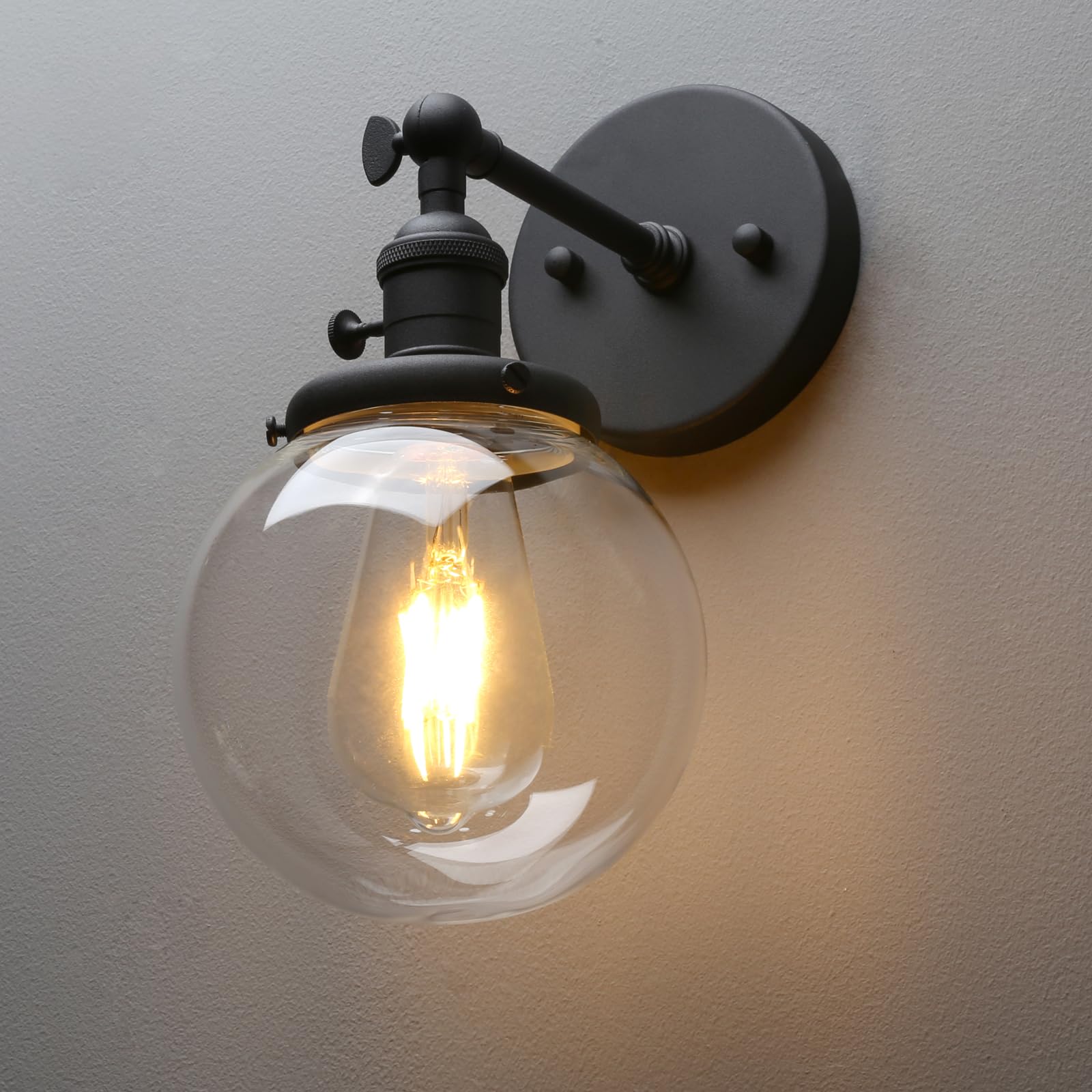 Permo Vintage Industrial Wall Sconce Lighting Fixture With 5.9 Round Clear Glass Globe Hand Blown Shade (Black)