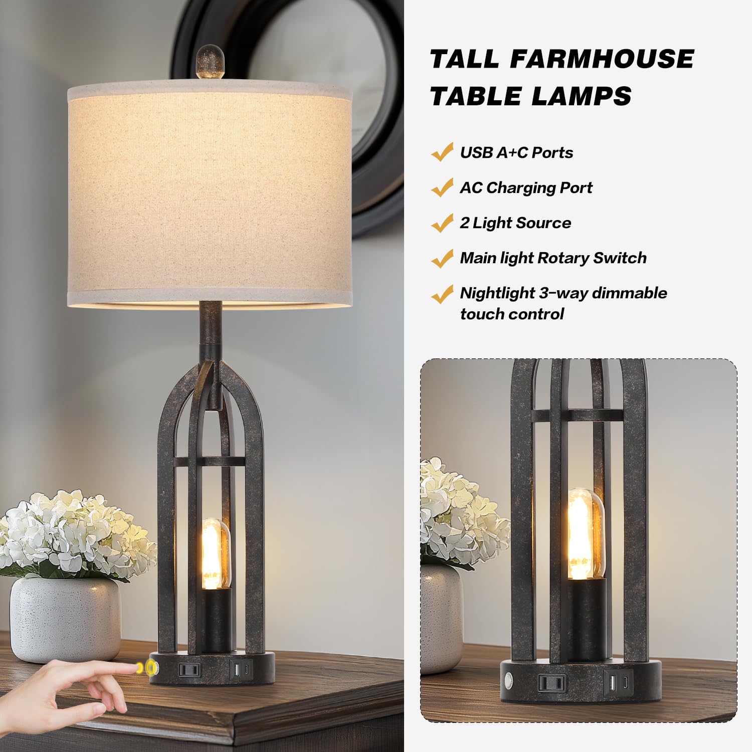 Cinyirong 27'' Rustic Table Lamps For Living Room - Farmhouse Lamps Set Of 2 With Usb C+A & Outlet, 3-Way Dimmable Touch Lamps F