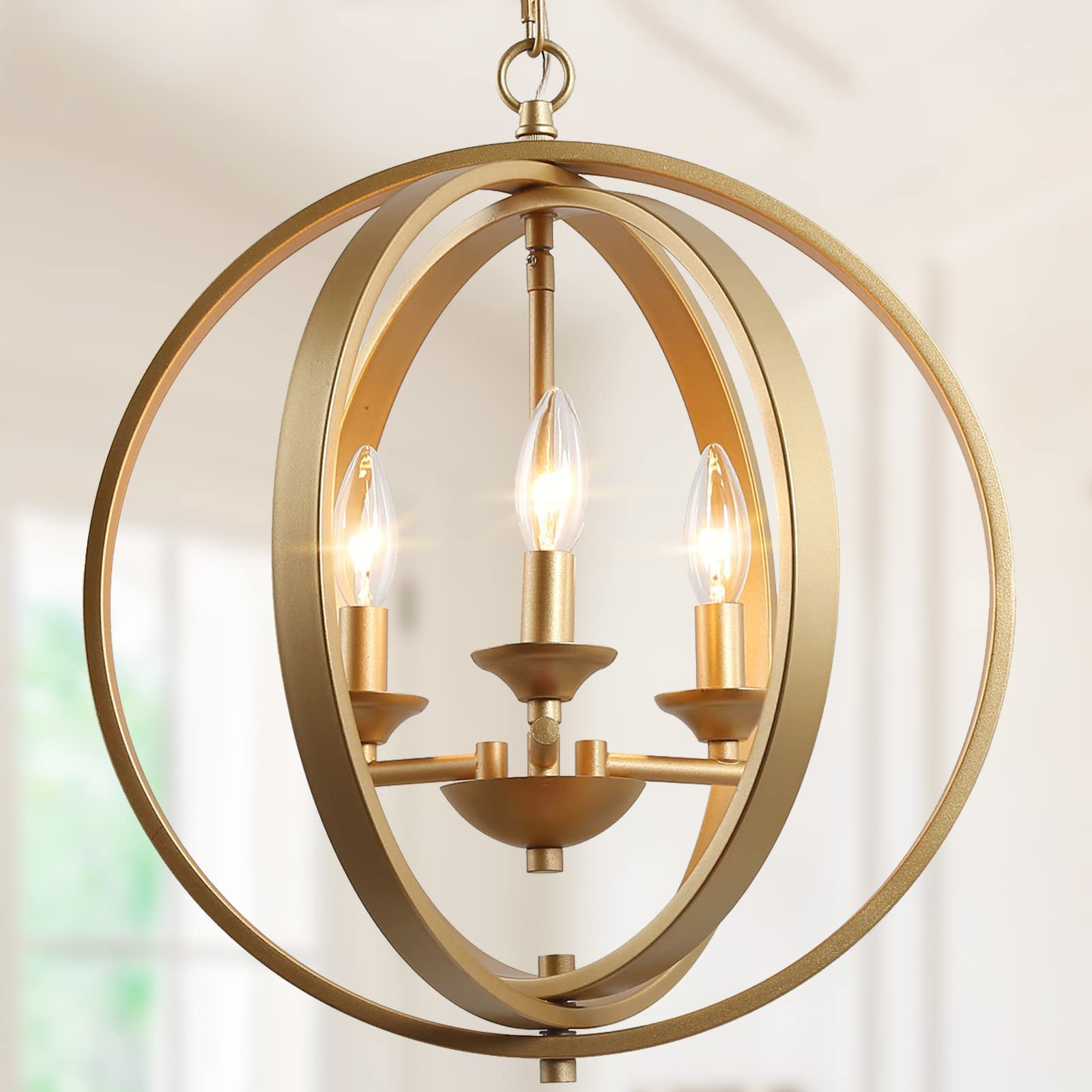 KSANA 3-Light Gold Chandelier Pendant Light Fixture, Modern Orb Design, Soft Gold, 15.5in  L x 18in  H for Kitchen, Dining Room, Entryway