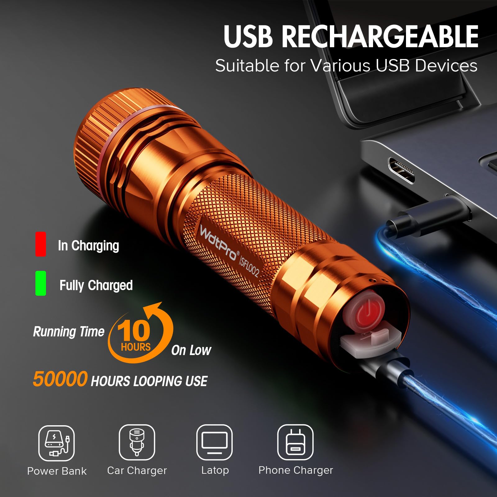 WdtPro Rechargeable LED Flashlight, 10H Battery Life, Mini Tactical, 1 Pack, Orange, Aluminum, Model SFL002