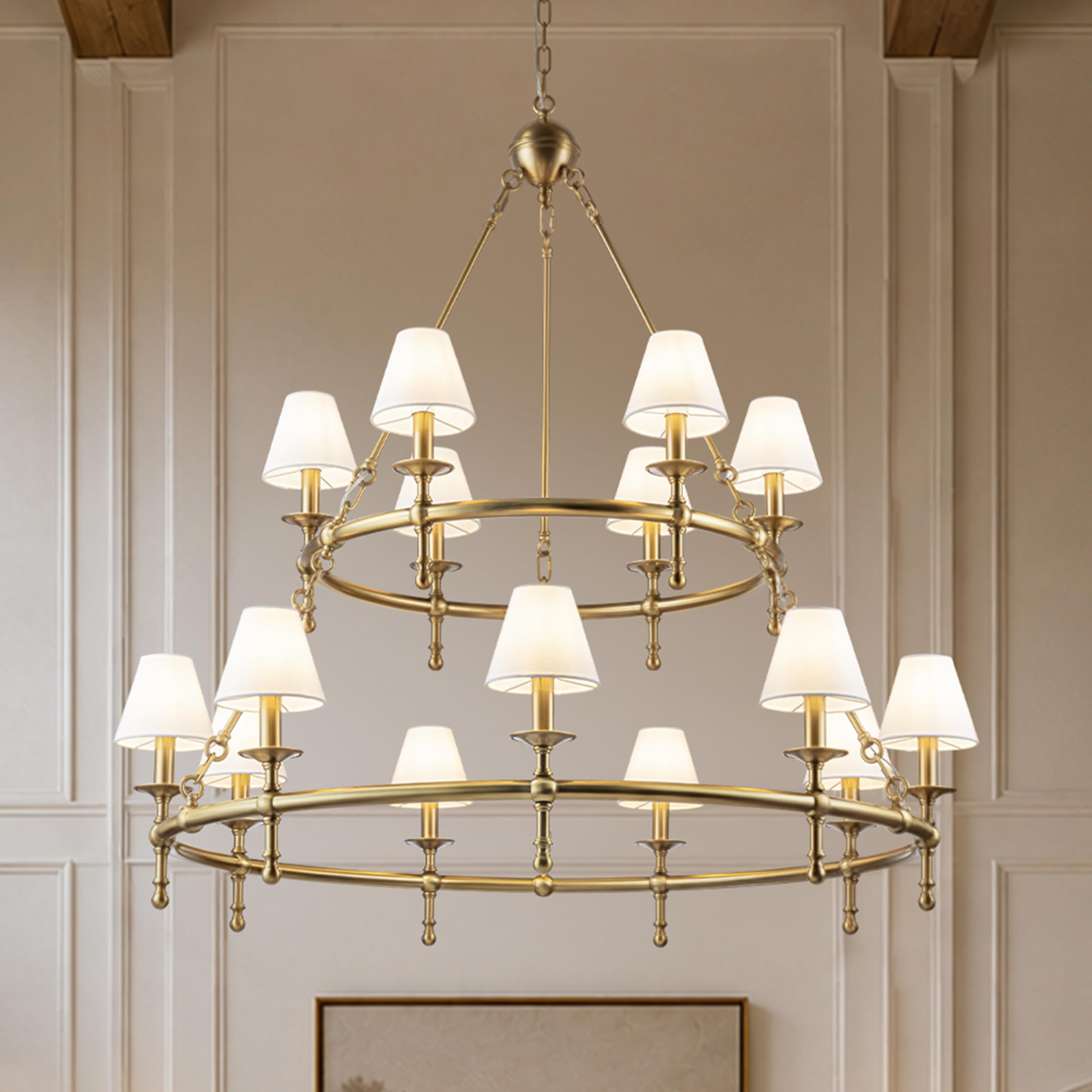 ALOADECOR W47 Inch 15-Light 2-Tier Vintage Brass Chandelier with White Fabric Shades Extra Large Wagon Wheel Pendant Ceiling Lig