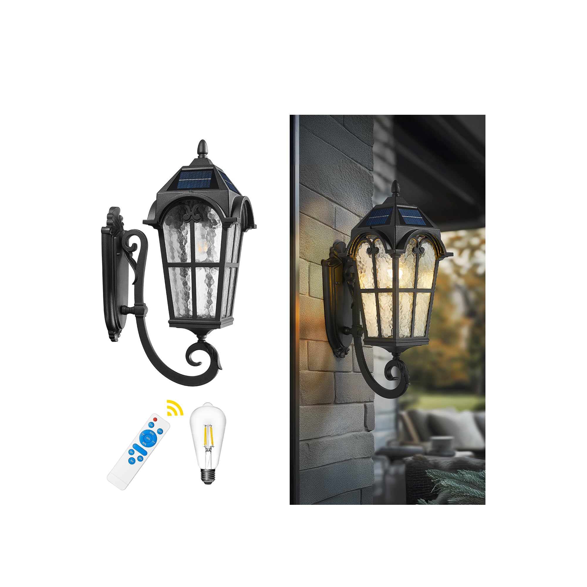Emliviar Exterior Led Solar Wall Sconce With Remote Control  24 Front Door Wall Lantern With Water Glass Shade  Waterproof Solar Black Wall Light With E26 Bulb  Yxe302Mb-Sl Bk