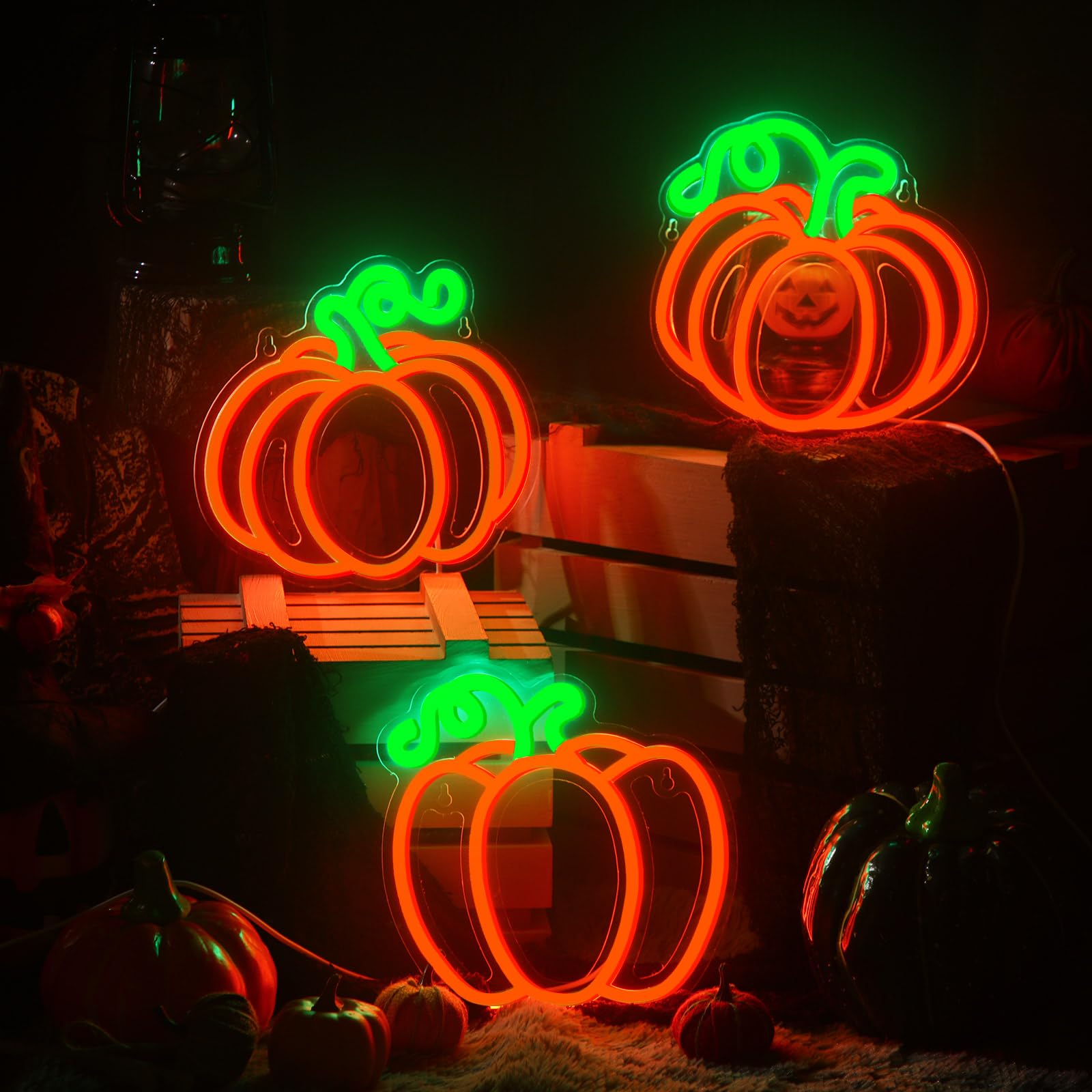 Treela 3 Pcs Fall Pumpkin Window Lights Halloween Neon Light Thanksgiving Neon Sign LED Light up Pumpkin Decor for Bedroom Home 