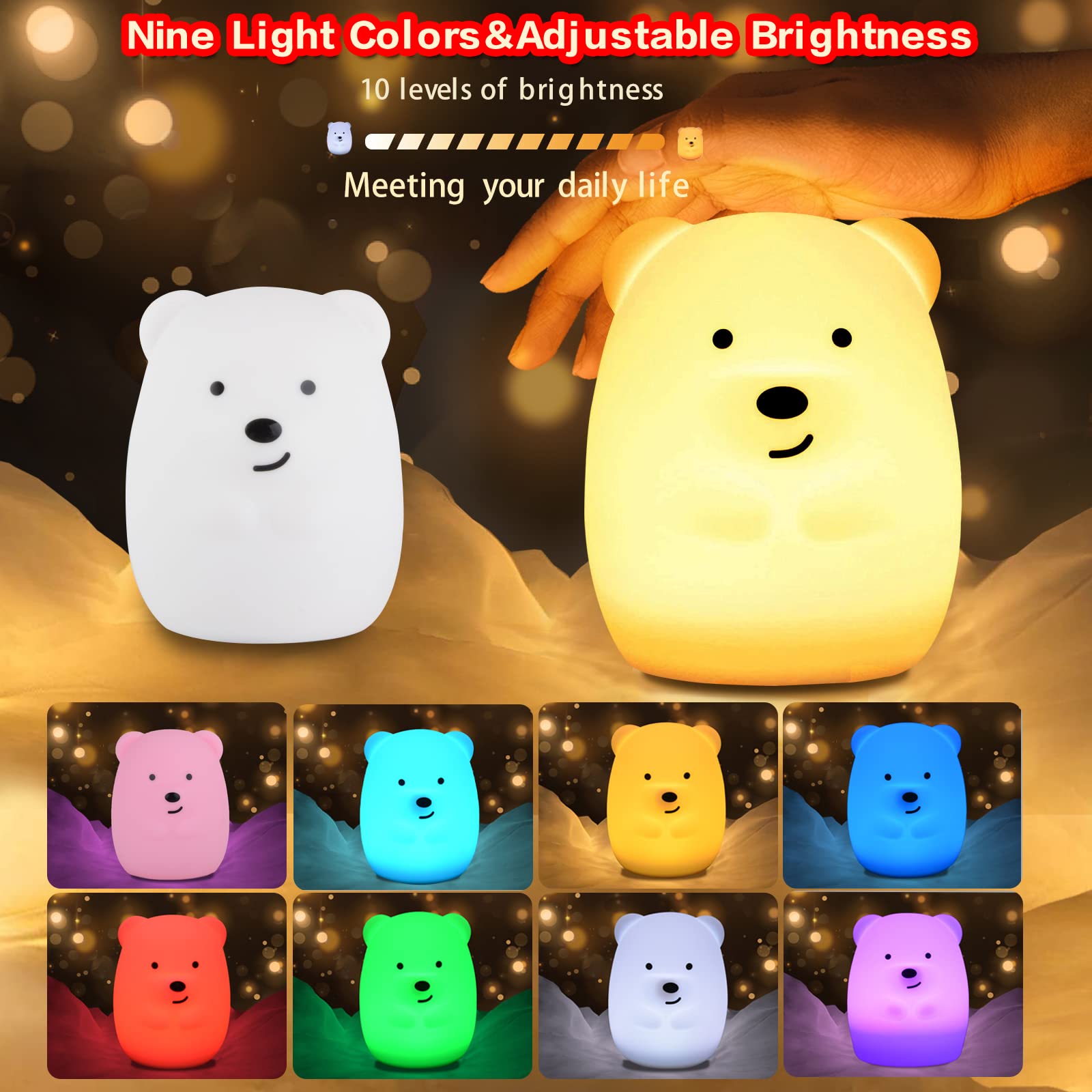 WHA&DARREN Large Owl Night Light, Silicone Bedside Lamp, Adjustable Brightness & Color, Model HY905, 9 Colors
