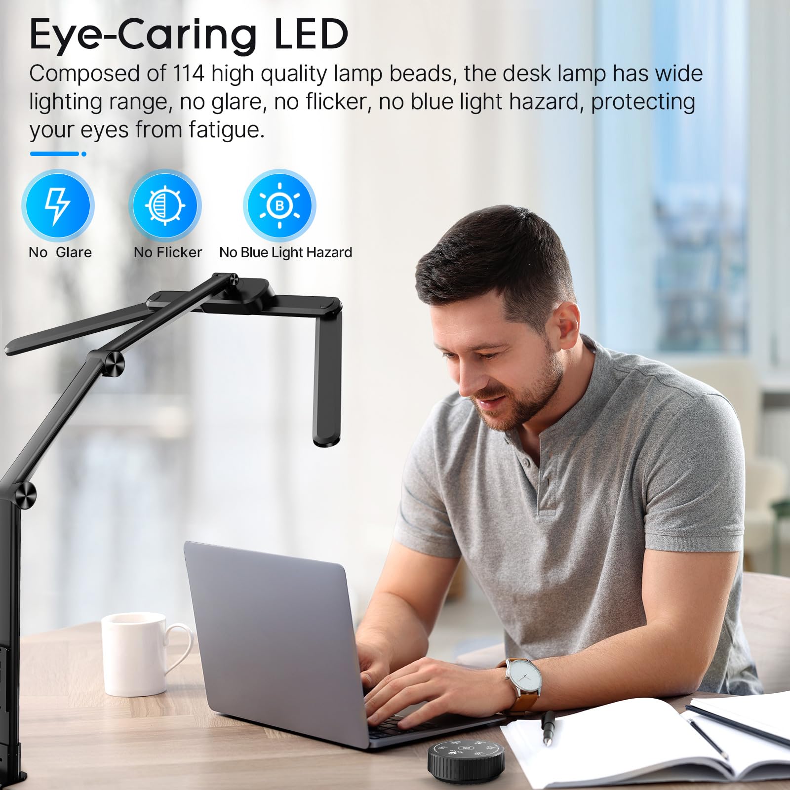 Syrinx LED Desk Lamp, 24W Eye-Caring Architect Lamp with Gesture Switch & Remote Control, Black, Model LDL023