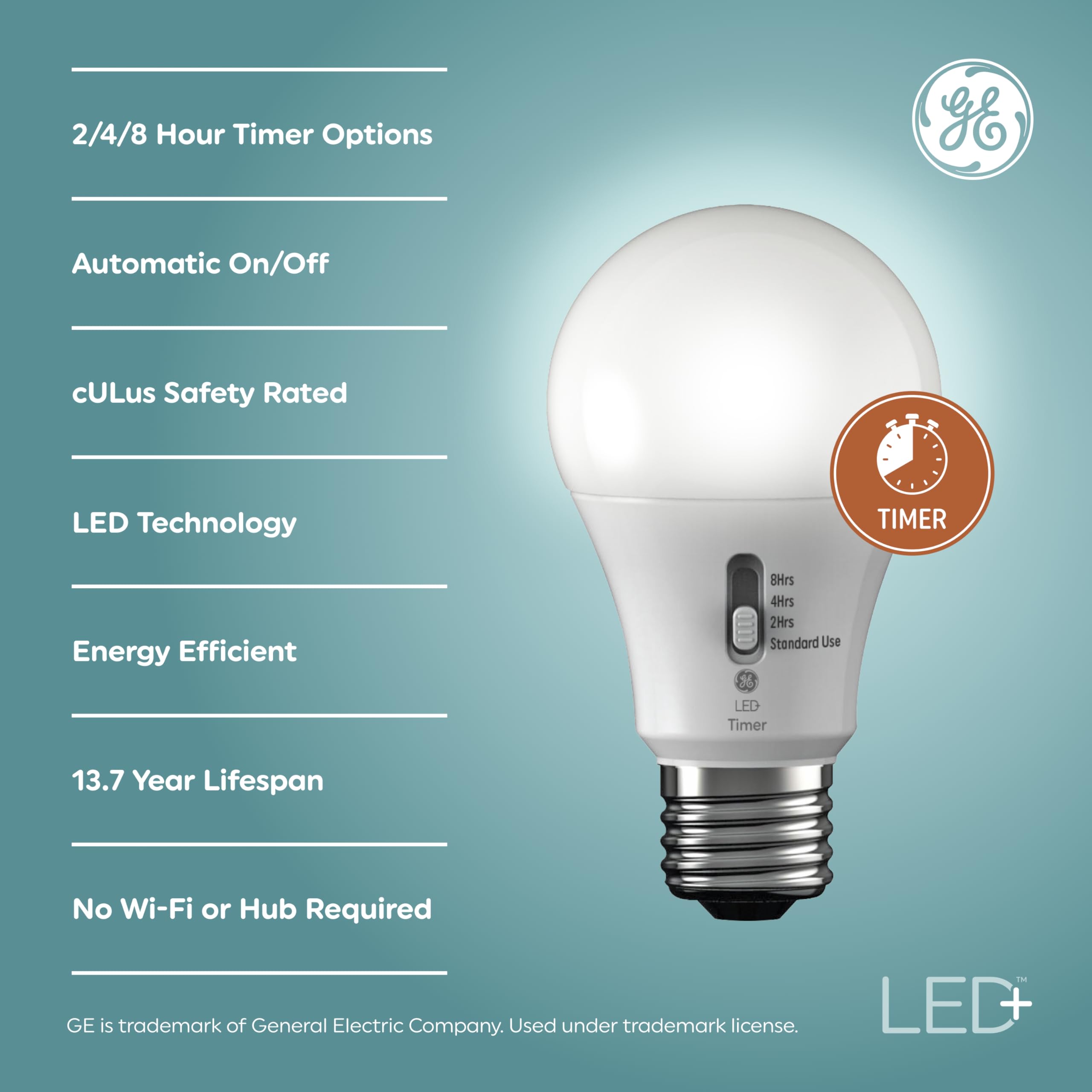 GE LED+ Timer Light Bulbs, Soft White, A19, 4 Count, Built-in Automatic Timer, Plastic