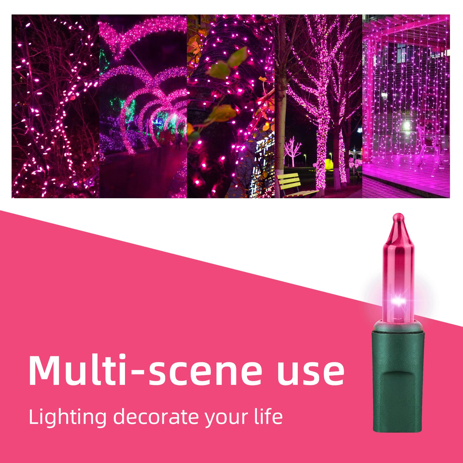 Xmashome 19.6Ft Green Wire Pink String Lights, 100 Count Incandescent Christmas Lights, (Pink, 100 Lights)