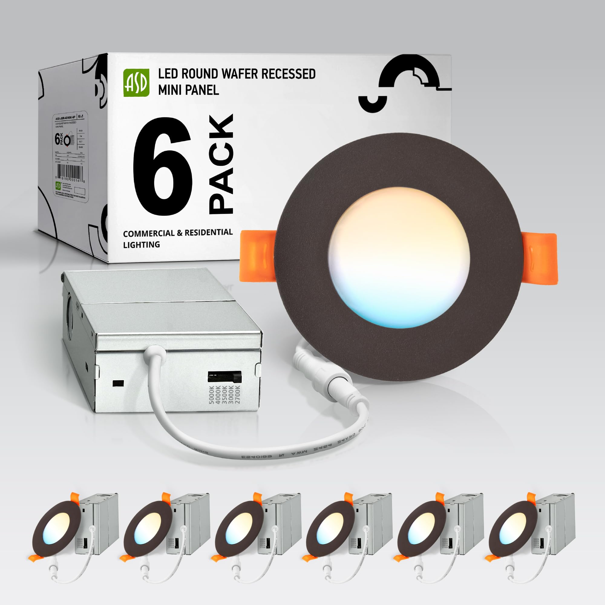 Asd 6 Pack 3 Inch Led Recessed Light 6W  5 Cct 2700K-5000K Cri90+  Ic Rated Ultra Thin Dimmable Ceiling Lights With J Box  Canless Wafer Downlight  Round Slim Panel Lighting  Energy Star Etl  Bronze