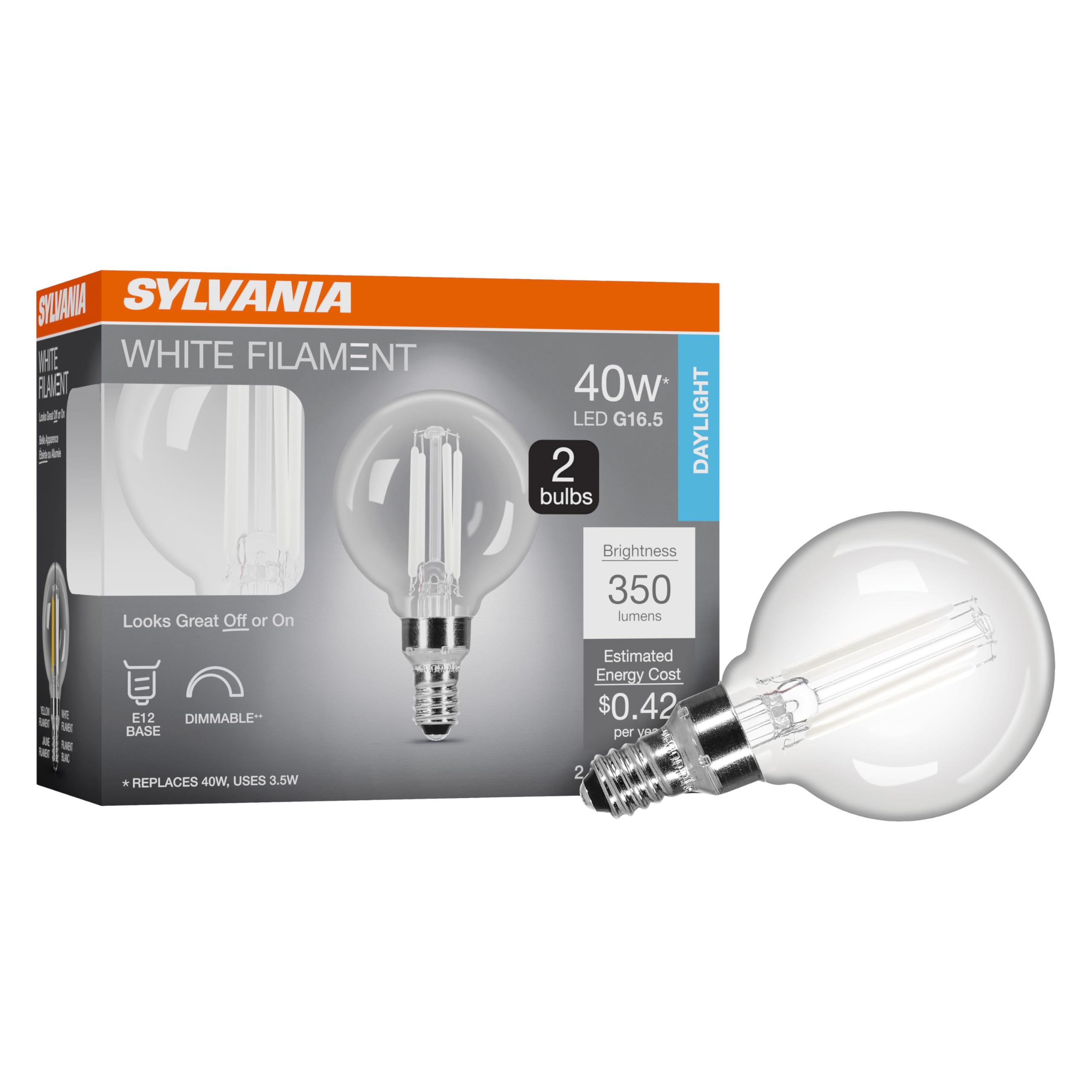 Sylvania G16.5 Clear Globe Led White Filament Bulb, 3.5W, Dimmable, 350 Lms, Candelabra Base, 5000K, Daylight - 2 Pack (42244)