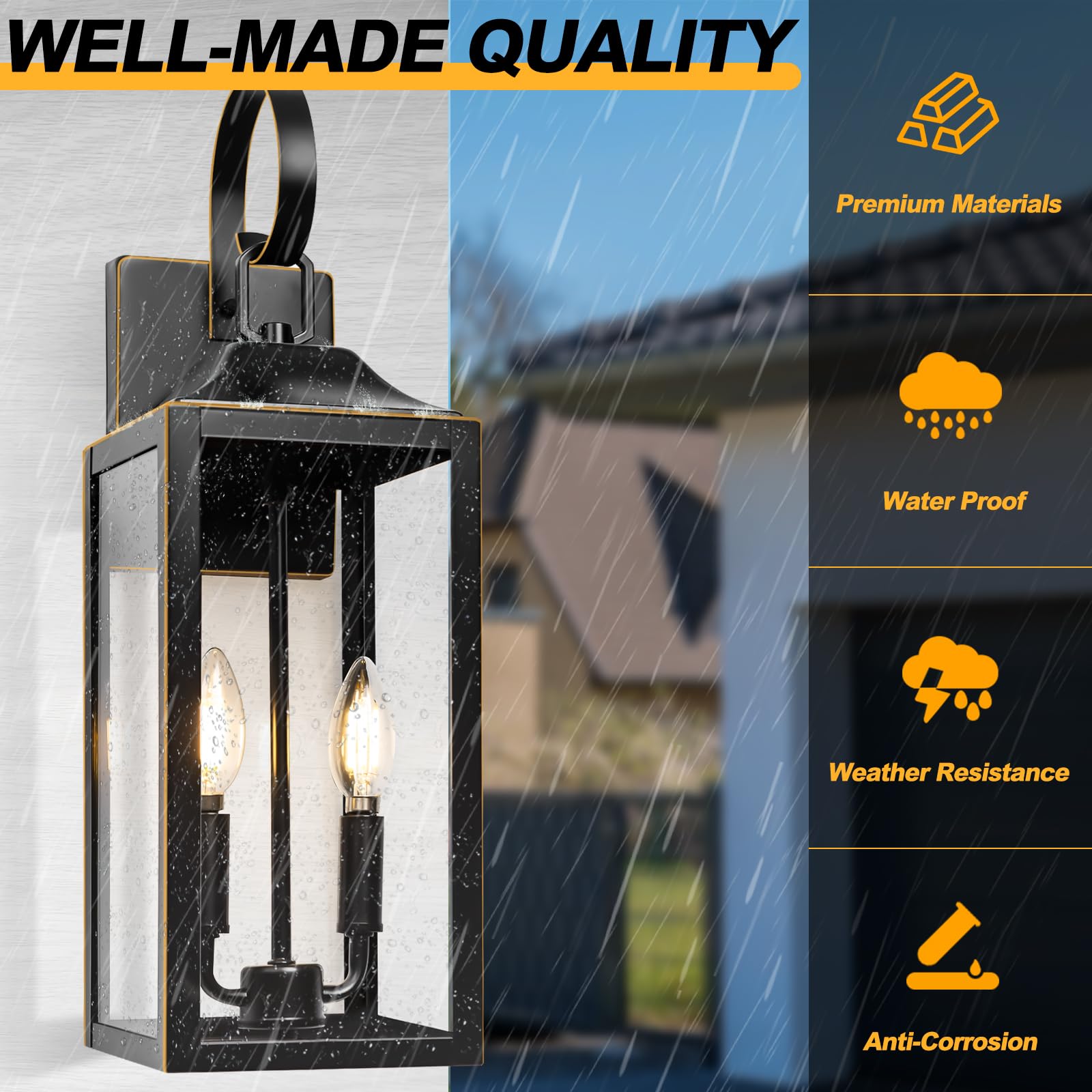 Yolsunes 19" Outdoor Wall Light - Black & Gold Trim, Modern 2-Light Sconce Lantern for Porch, Farmhouse Exterior Lighting