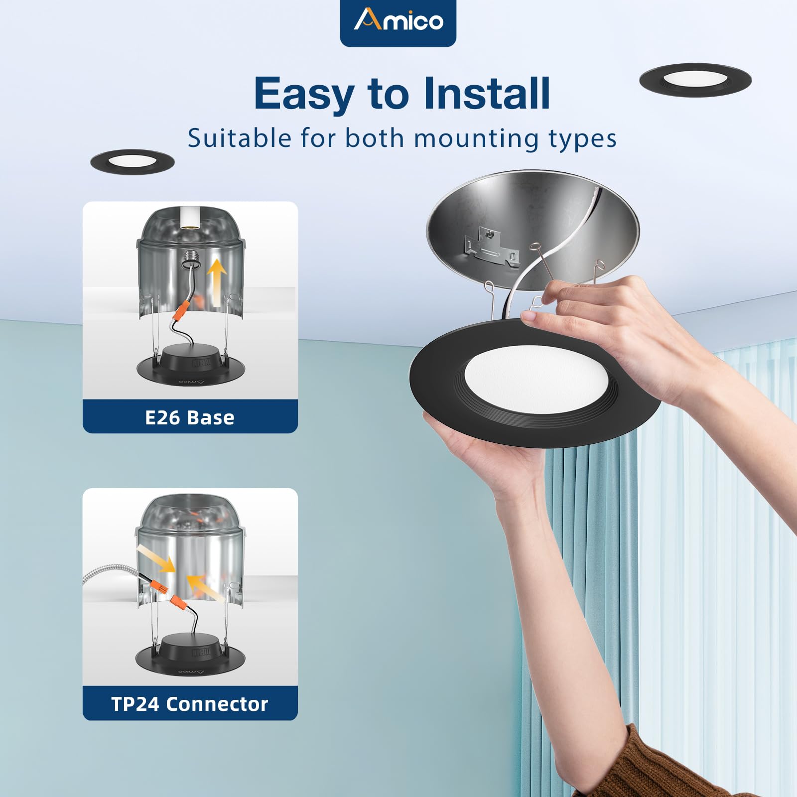 Amico 5/6 Inch 5CCT LED Recessed Lighting, 12 Pack, Dimmable, Damp Rated, Black, Model TP120-RT6-5CCT-AM