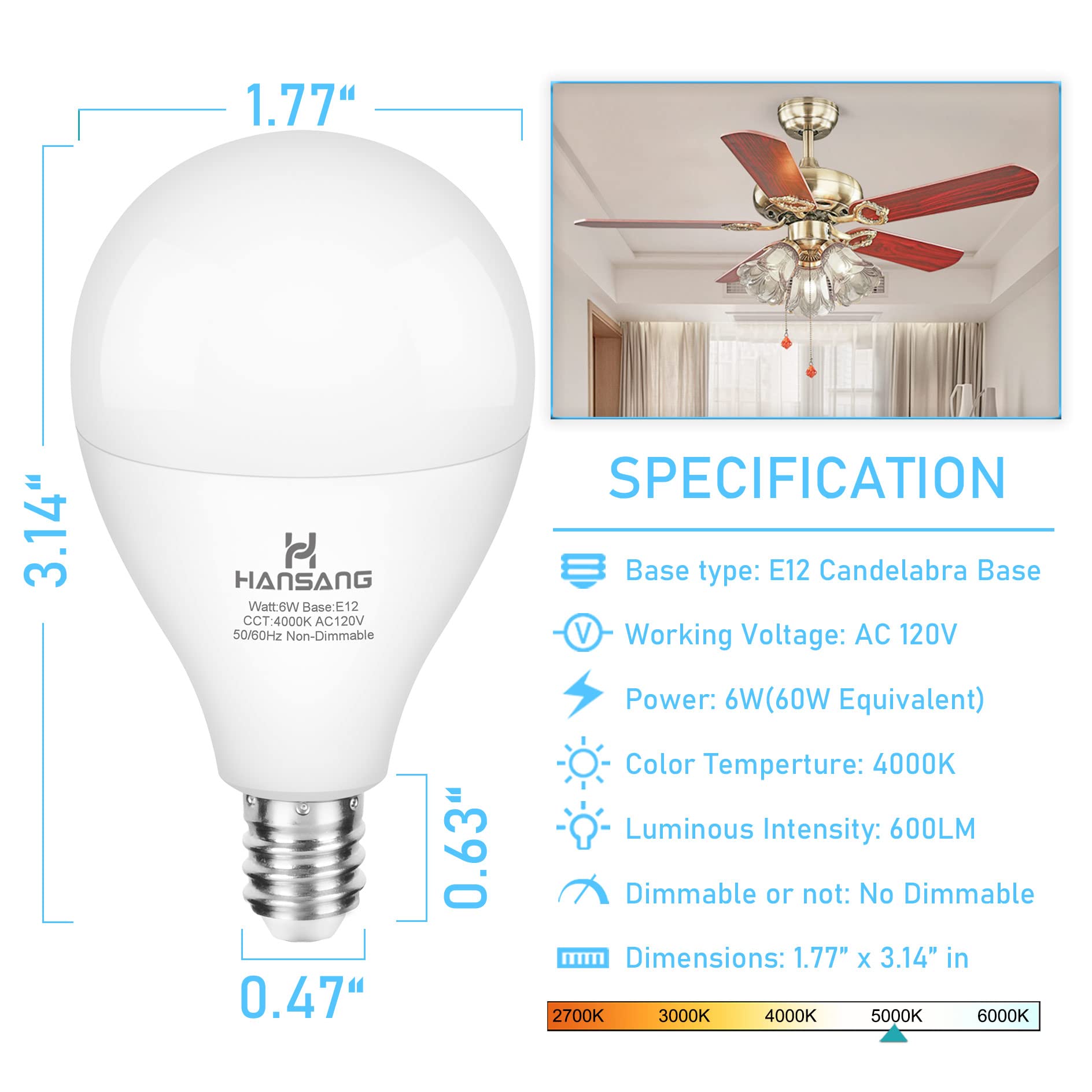 Hansang LED Candelabra Light Bulbs, 4000K Natural White, 60W Equivalent, E12 Base, 8 Pack, Non-Dimmable, Plastic