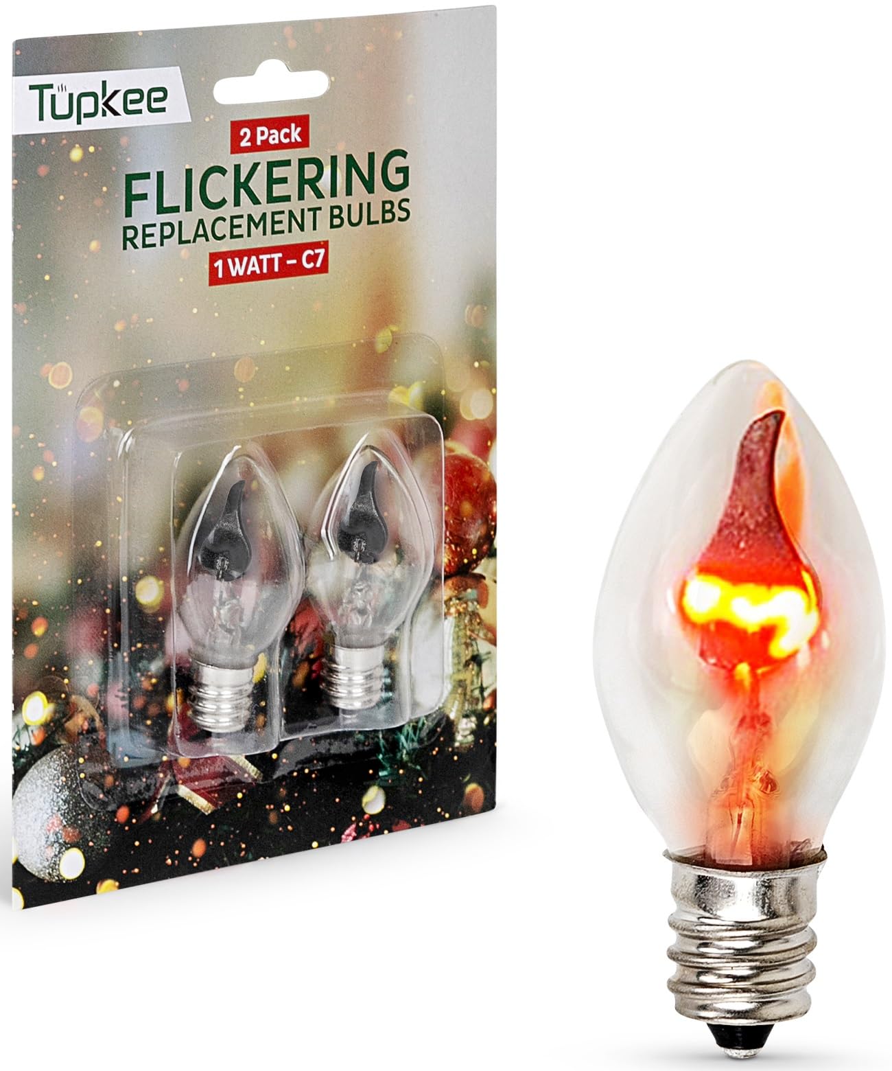 Tupkee C7 Flickering Flame Bulb, 1W Orange Glow, E12 Base Replacement, 2-Pack for Halloween & Christmas Candolier Window Candle