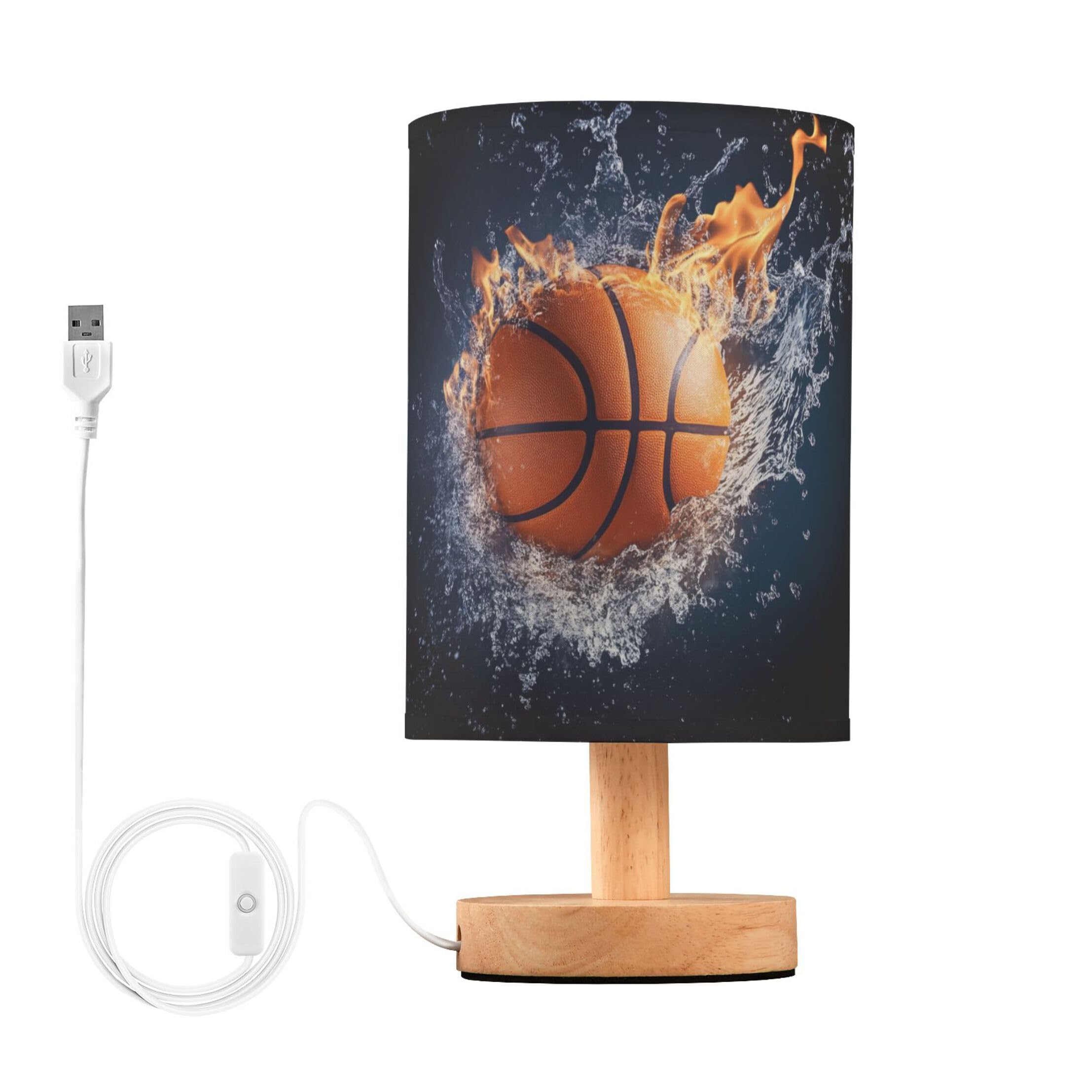 YYZZH Table Lamp Fire Basketball in Water Nightstand Lamp with Wood Base Fabric Lamp Shade Bedside Desk Lamp for Living Room Bed